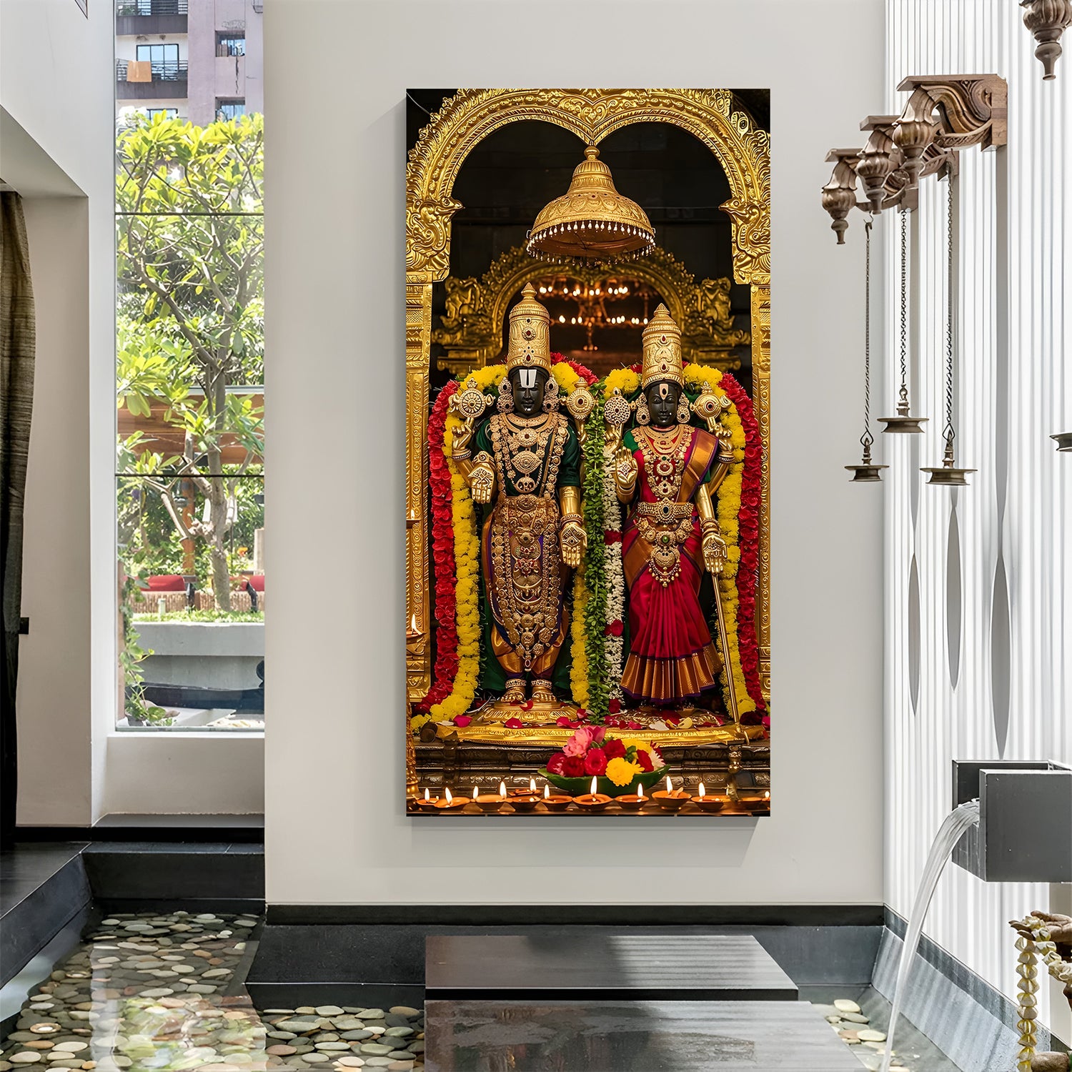 Vertical Tirupati Balaji and Goddess Lakshmi artwork with traditional golden arch in premium canvas wrapped frame