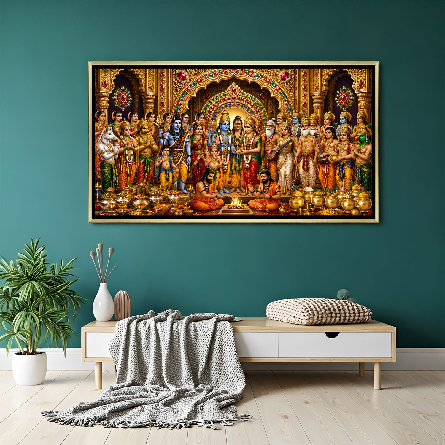 Grand Vishnu Lakshmi wedding painting with divine gathering in luxurious golden floater frame