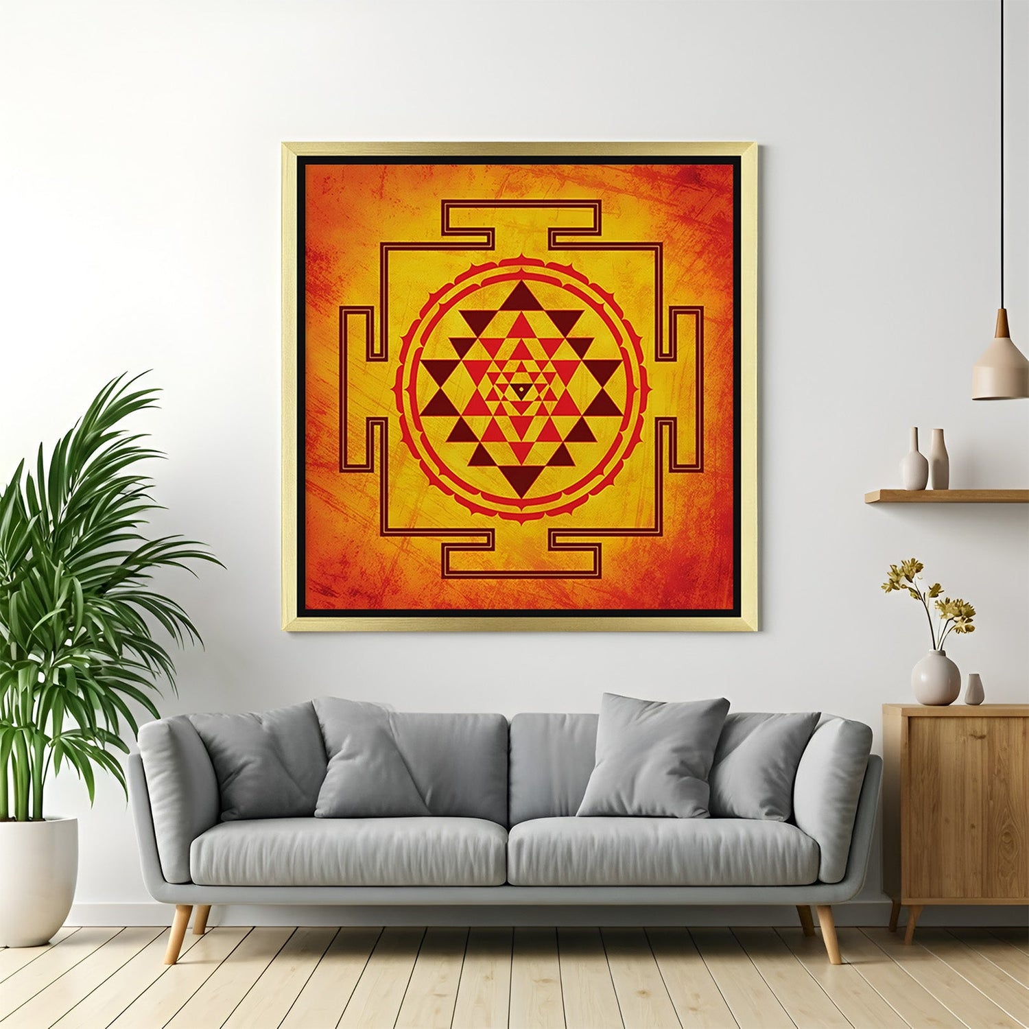 Golden frame Sri Yantra canvas art – sacred geometric wall painting for Indian home and office interiors