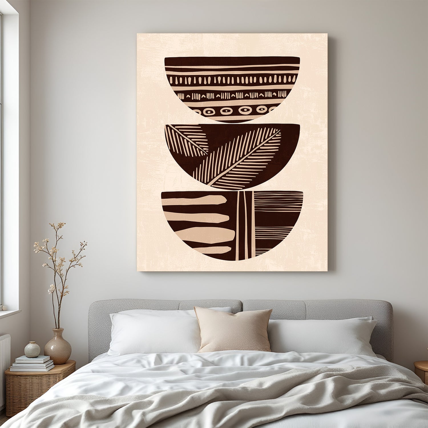 Canvas wall art with stacked brown bowls featuring boho-style prints like leaves and minimal elements