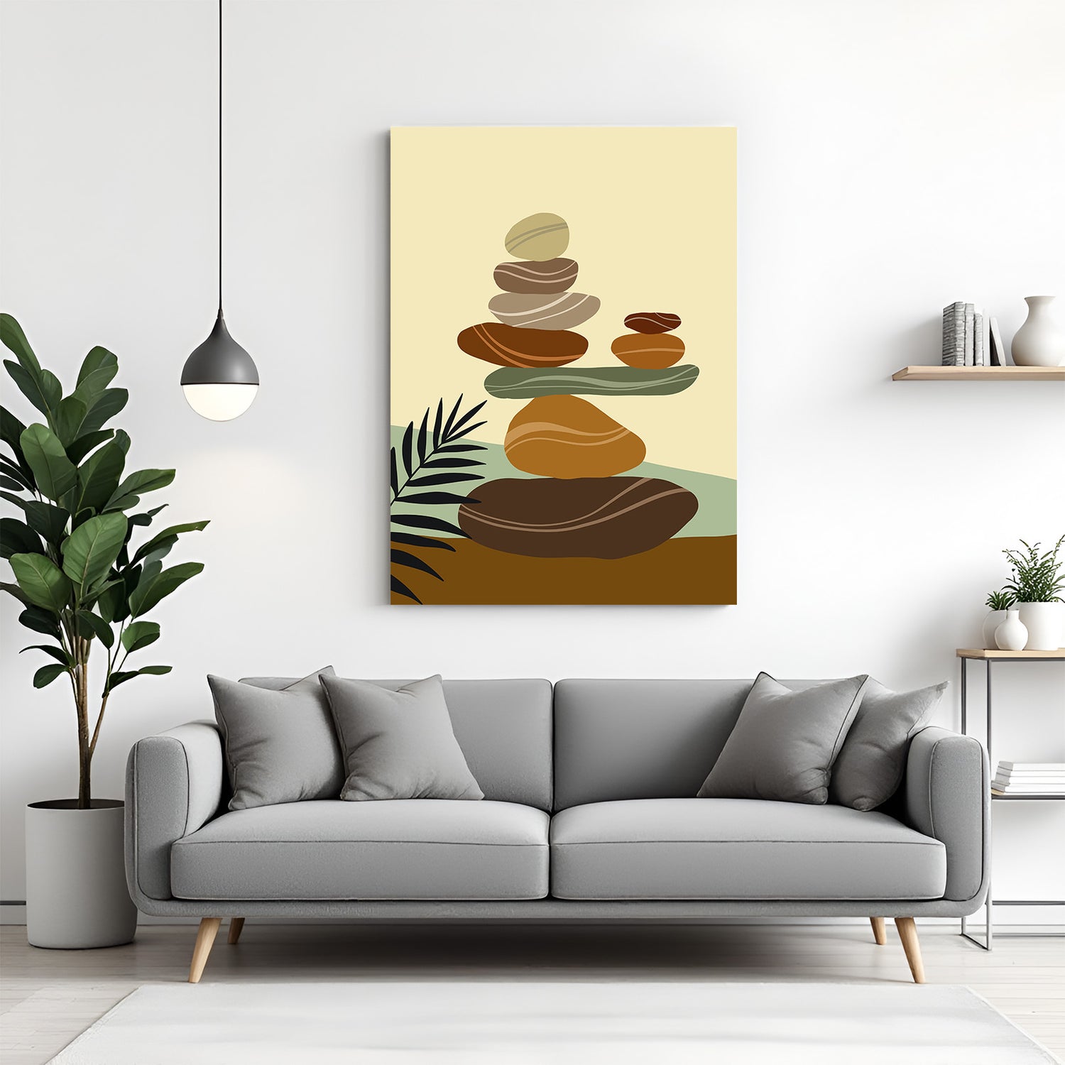 Minimal boho canvas featuring organically stacked pebbles on a light neutral background
