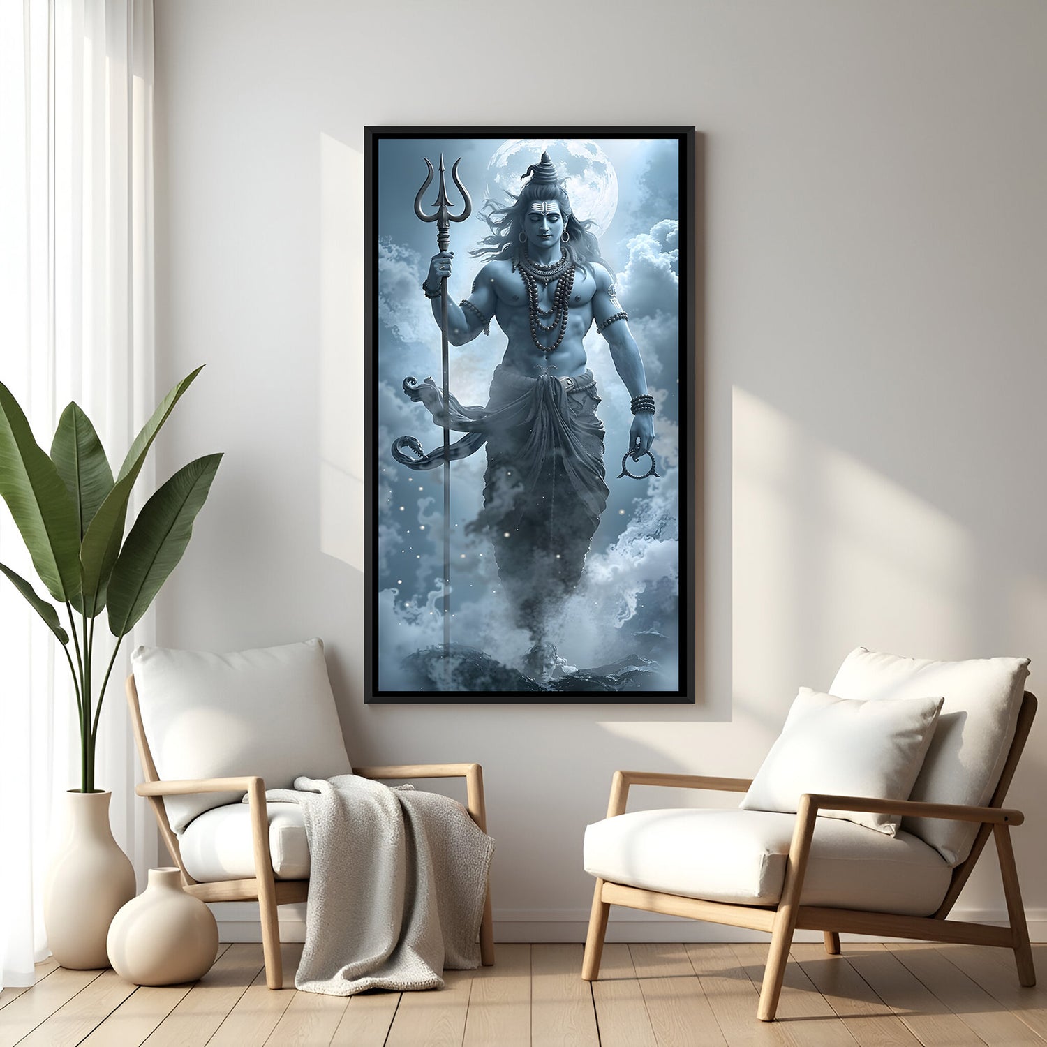 Standing Shiva portrait painting in black floater frame spiritual canvas wall art India