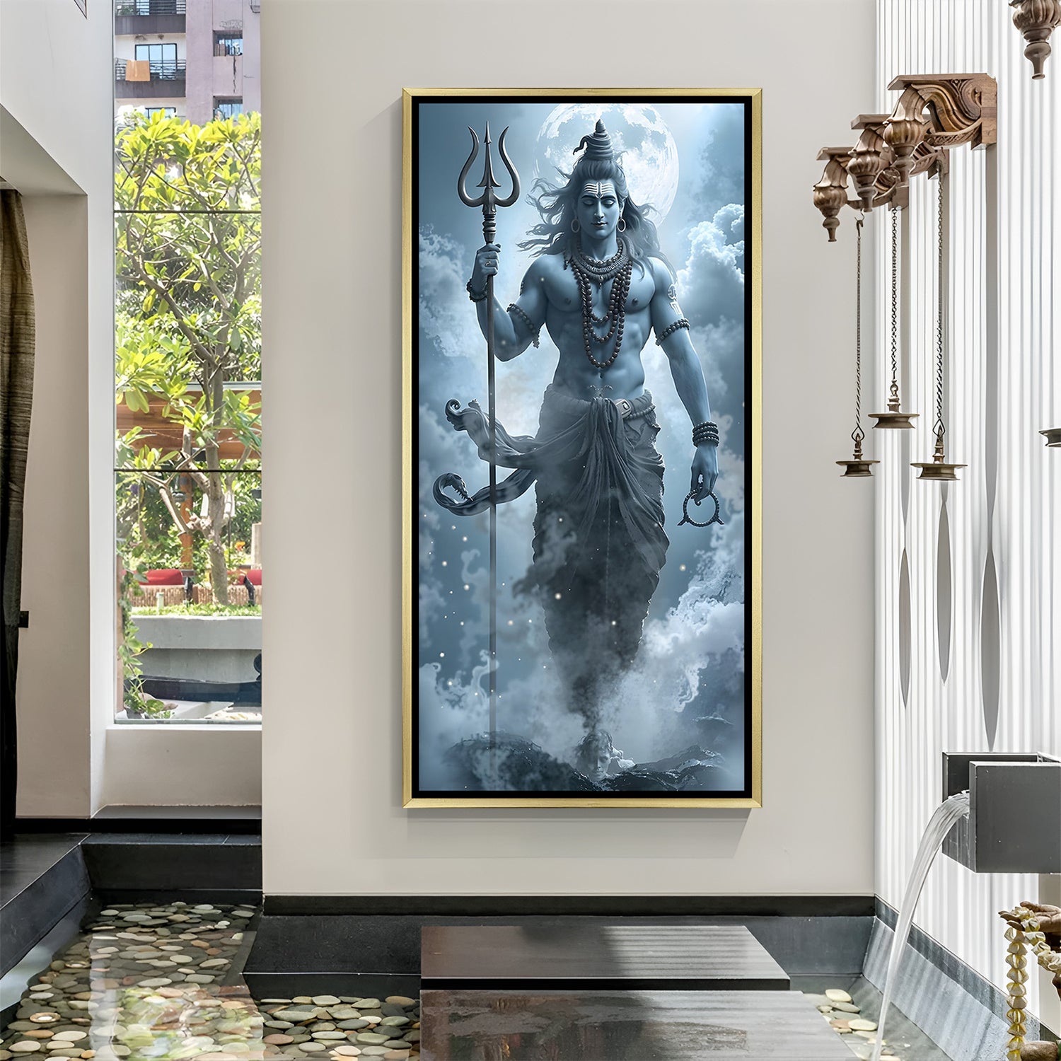 Standing Shiva canvas wall art in golden floater frame luxury Hindu decor India