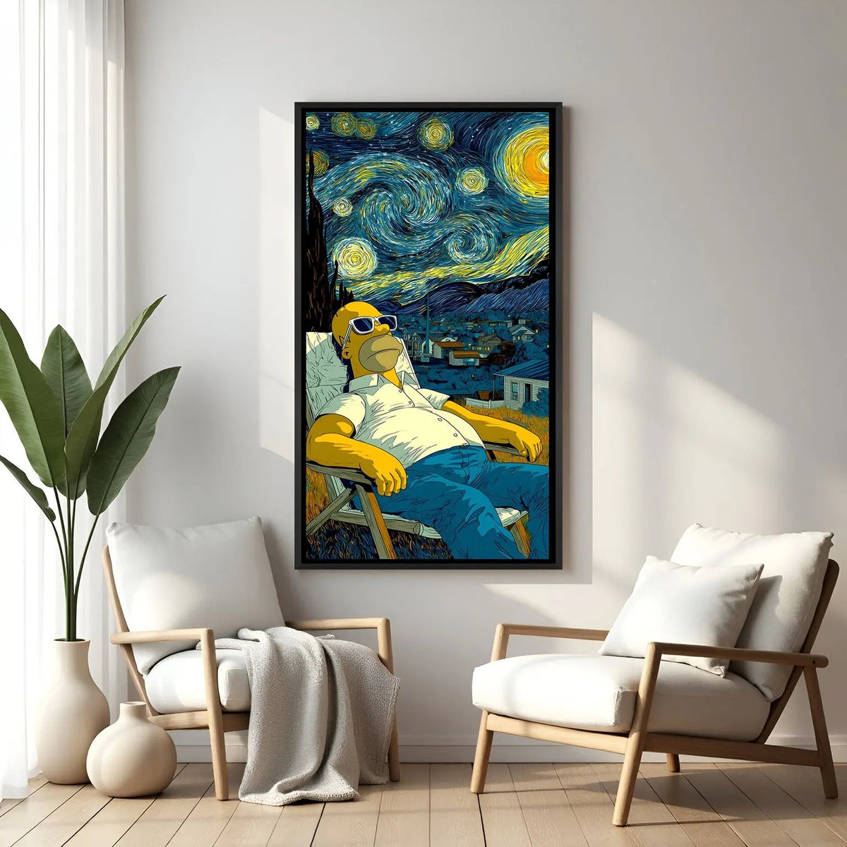 Simpson starry night cartoon artwork in elegant black floater frame featuring relaxing celestial scenery