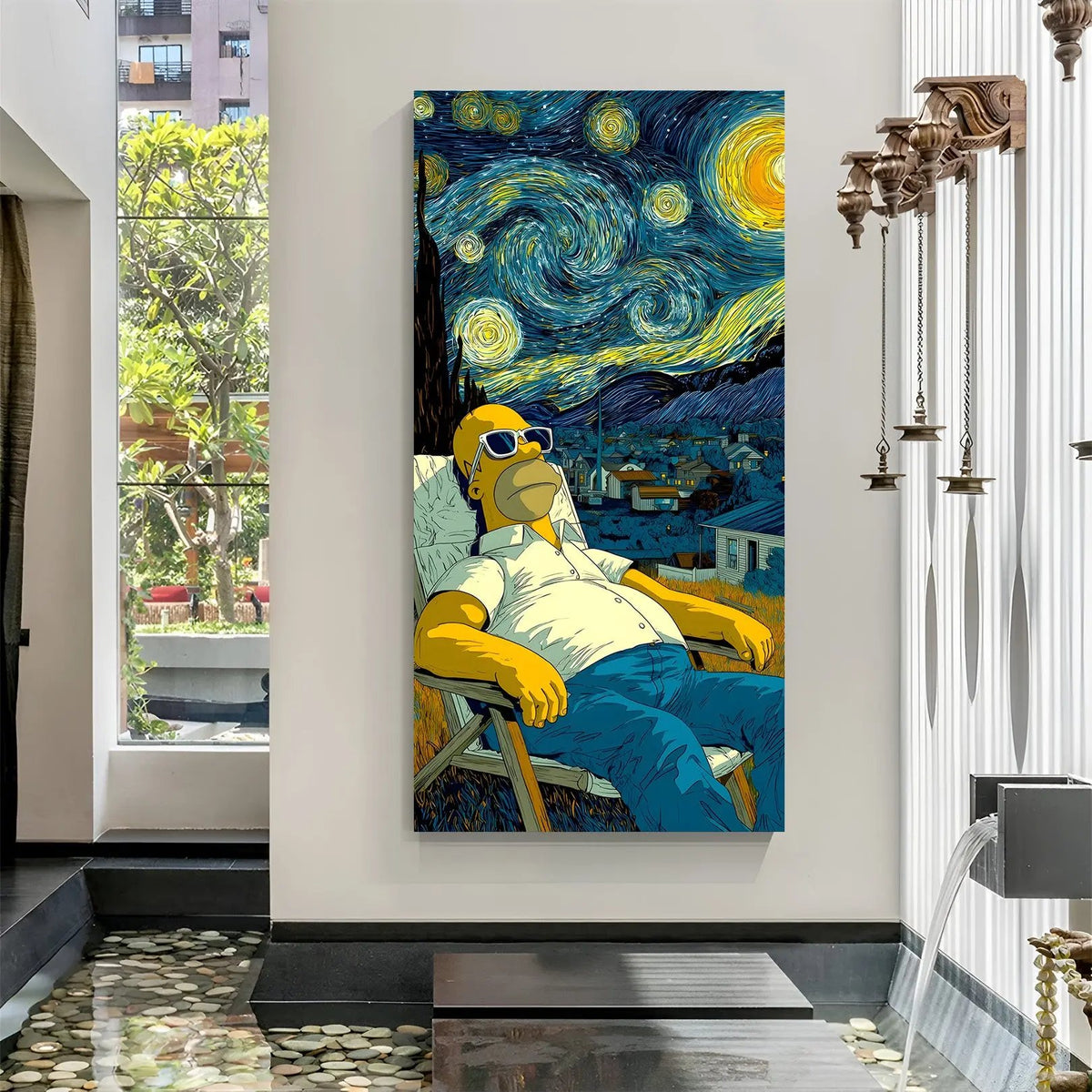 Simpson relaxing under a starry night sky canvas wall art in premium canvas wrapped frame with dreamy aesthetic design