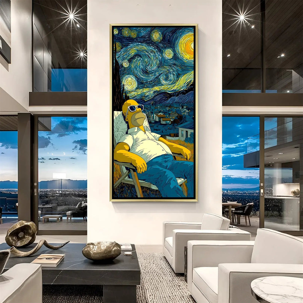 Luxury Simpson canvas artwork in golden floater frame with peaceful starry night and cartoon aesthetic