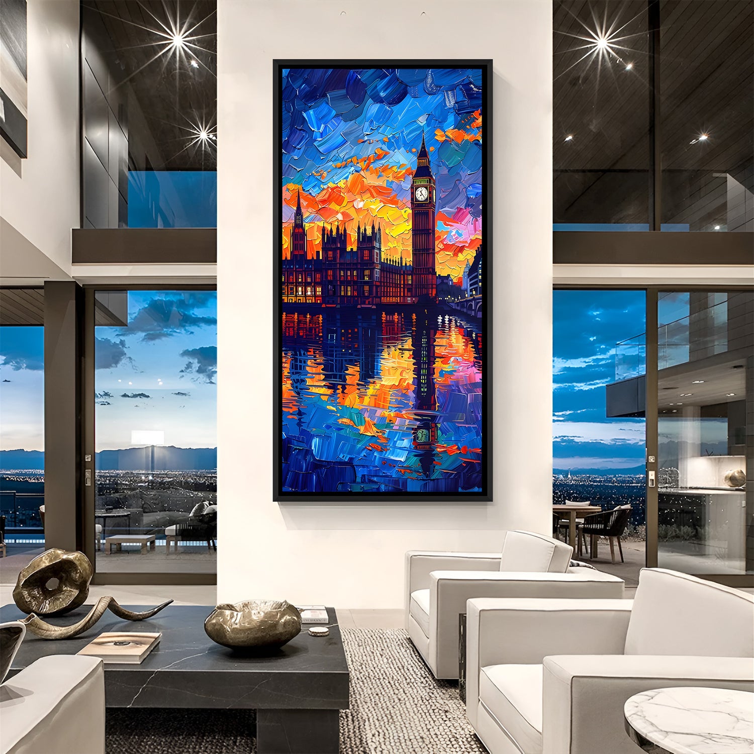 Modern city in starry night wall art in elegant black floater frame with glowing skyline and celestial atmosphere
