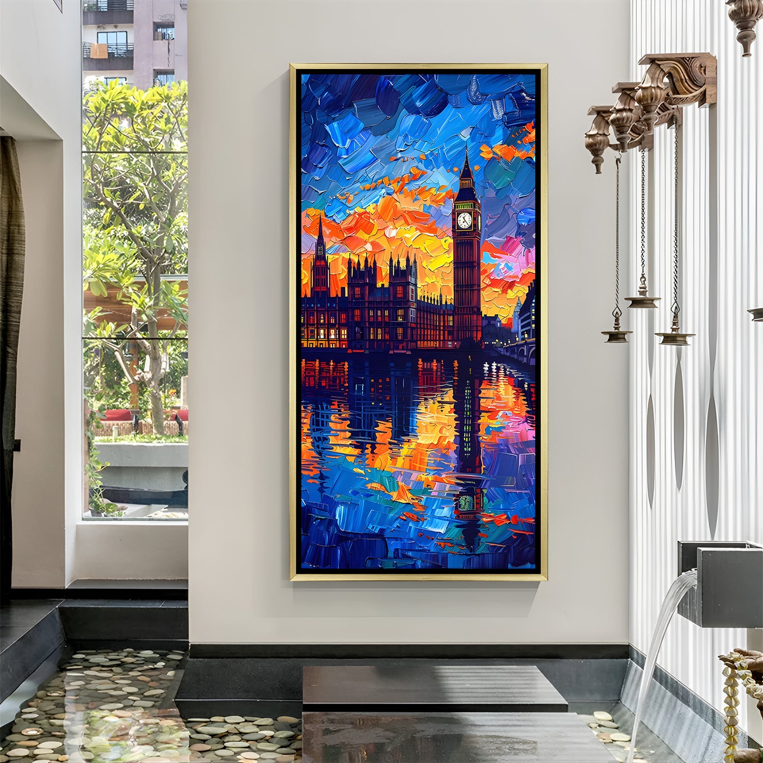 Luxury starry night city canvas artwork in golden floater frame featuring vibrant skyline and dreamy sky textures