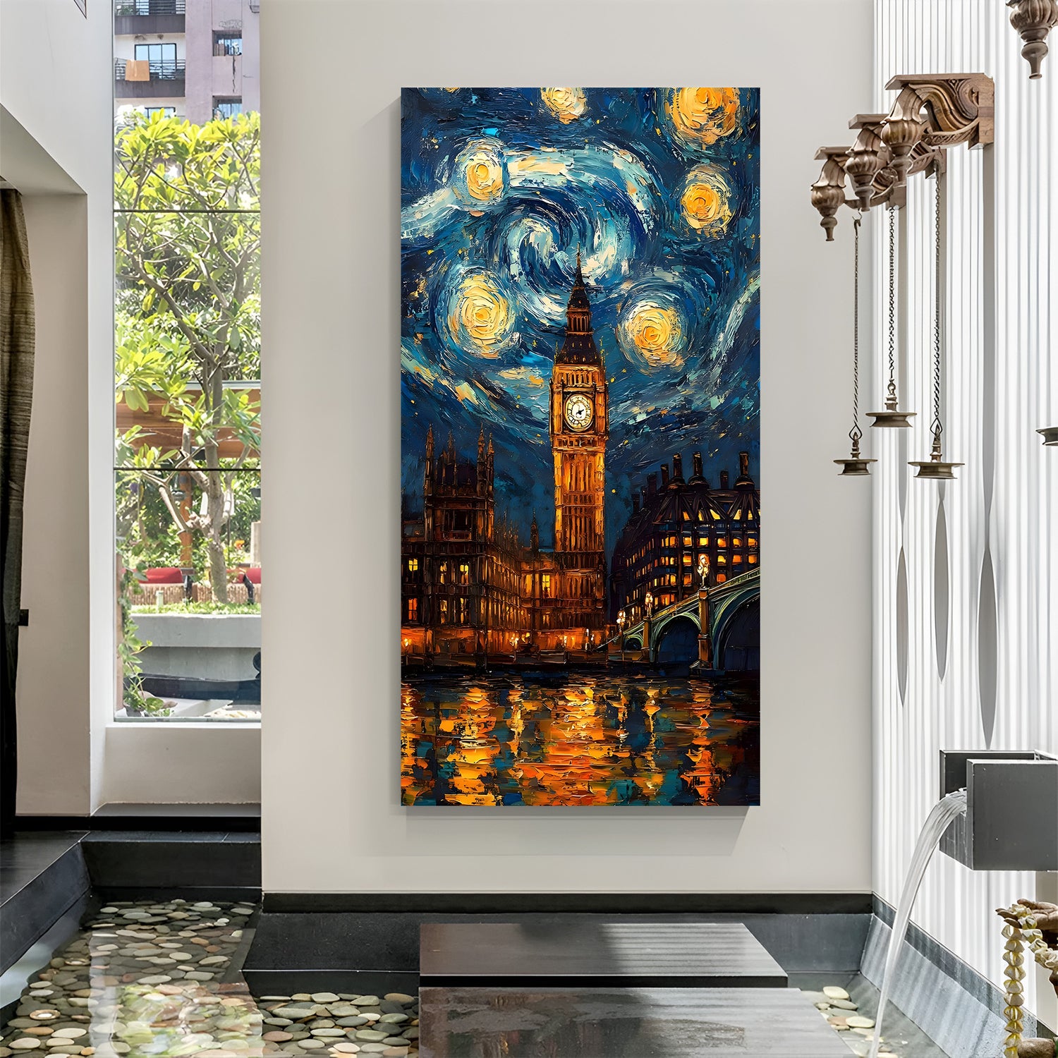 Starry night riverside clock tower modern canvas wall painting with glowing city reflections in canvas wrapped frame