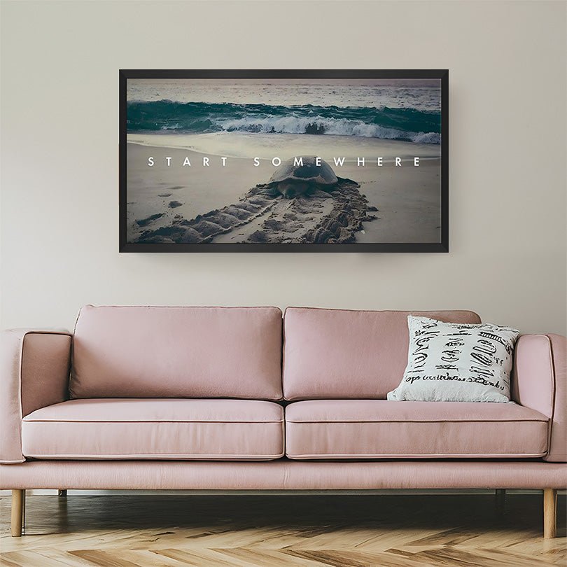 Start Somewhere motivational quote canvas in black floater frame for office or home walls
