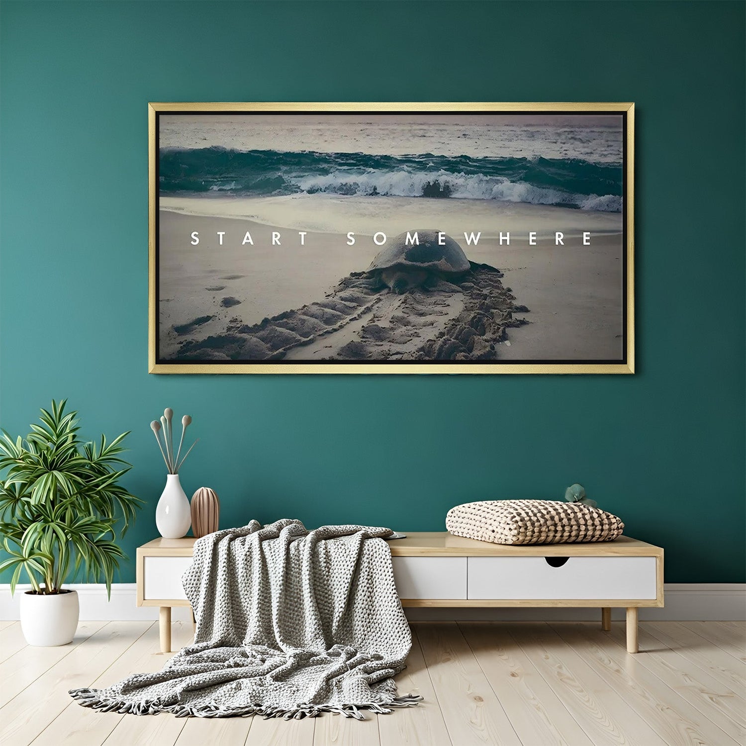 Golden floater frame version of Start Somewhere motivational canvas painting for home decor