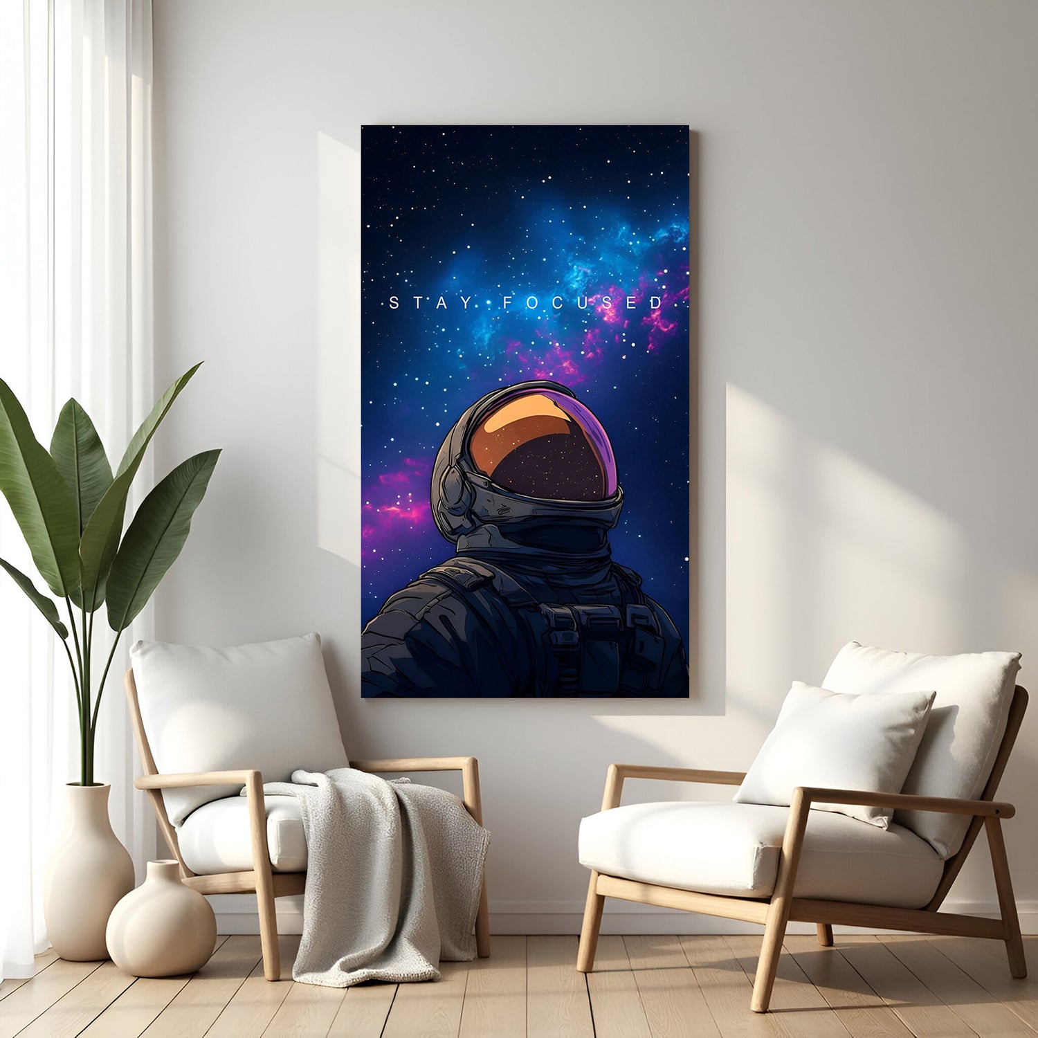 Astronaut canvas wall art in frameless style – features space background, glowing butterfly, and Stay Focused quote