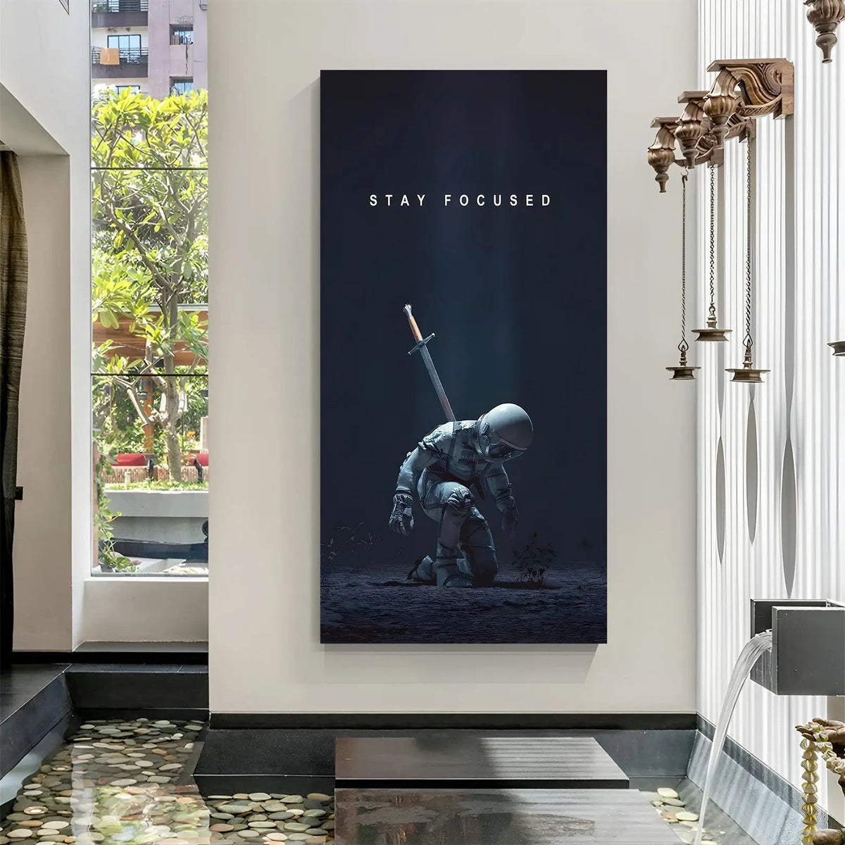 Stay Focused space motivation canvas wall art in premium canvas wrapped frame with cosmic galaxy background inspirational design