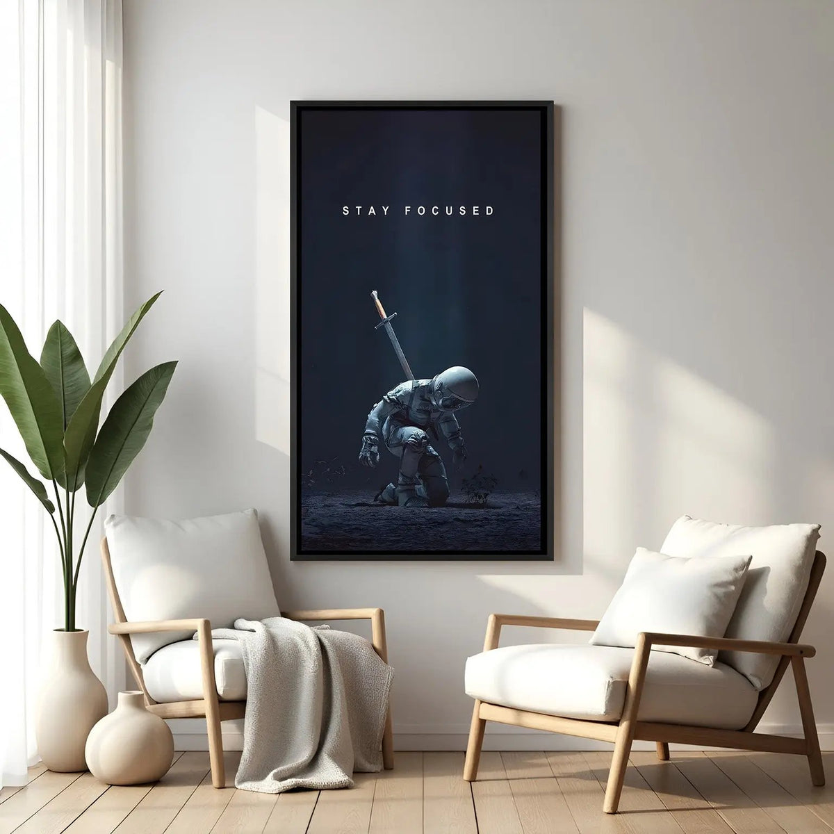 Space motivational wall art with Stay Focused quote in elegant black floater frame for modern office and study decor