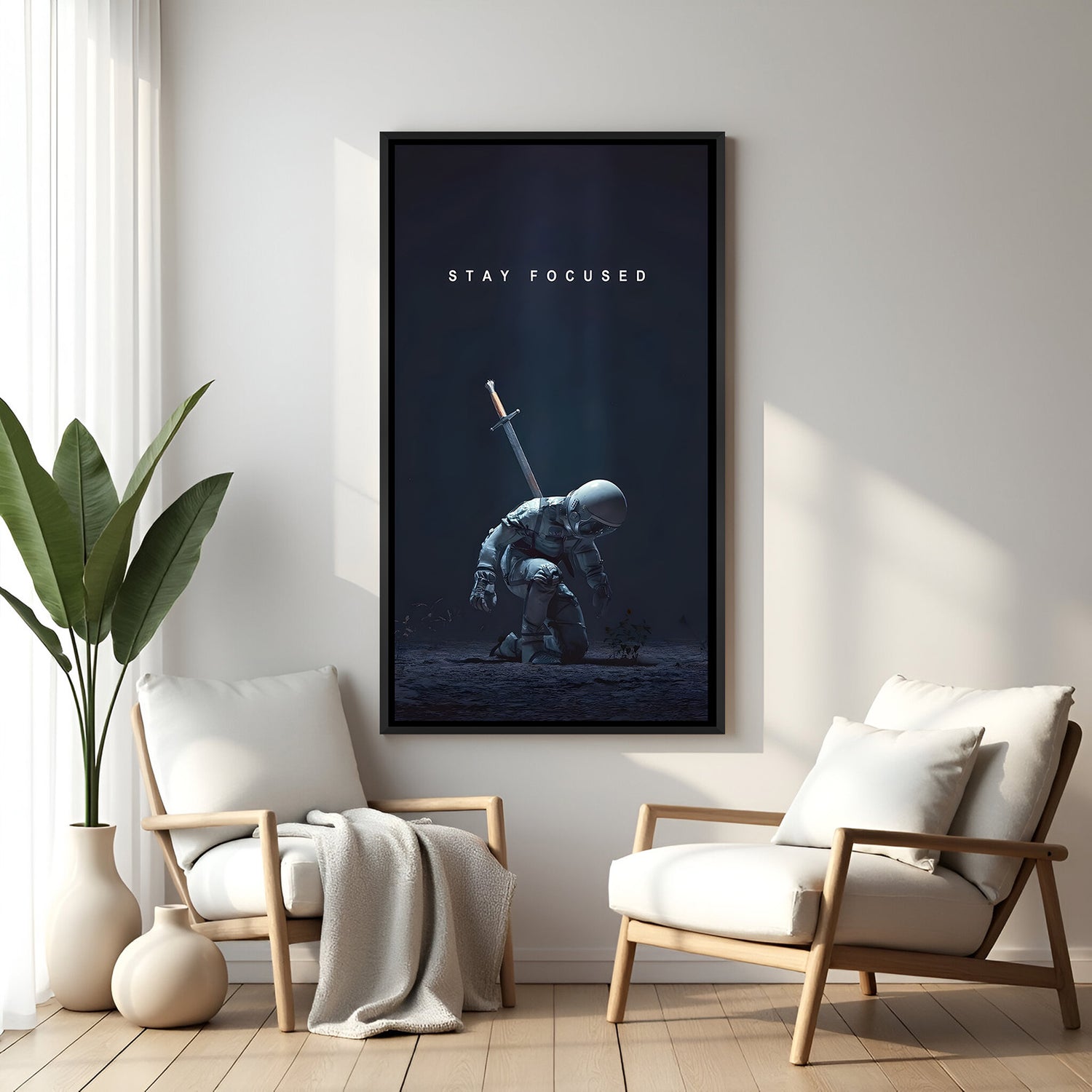 Space motivational wall art with Stay Focused quote in elegant black floater frame for modern office and study decor