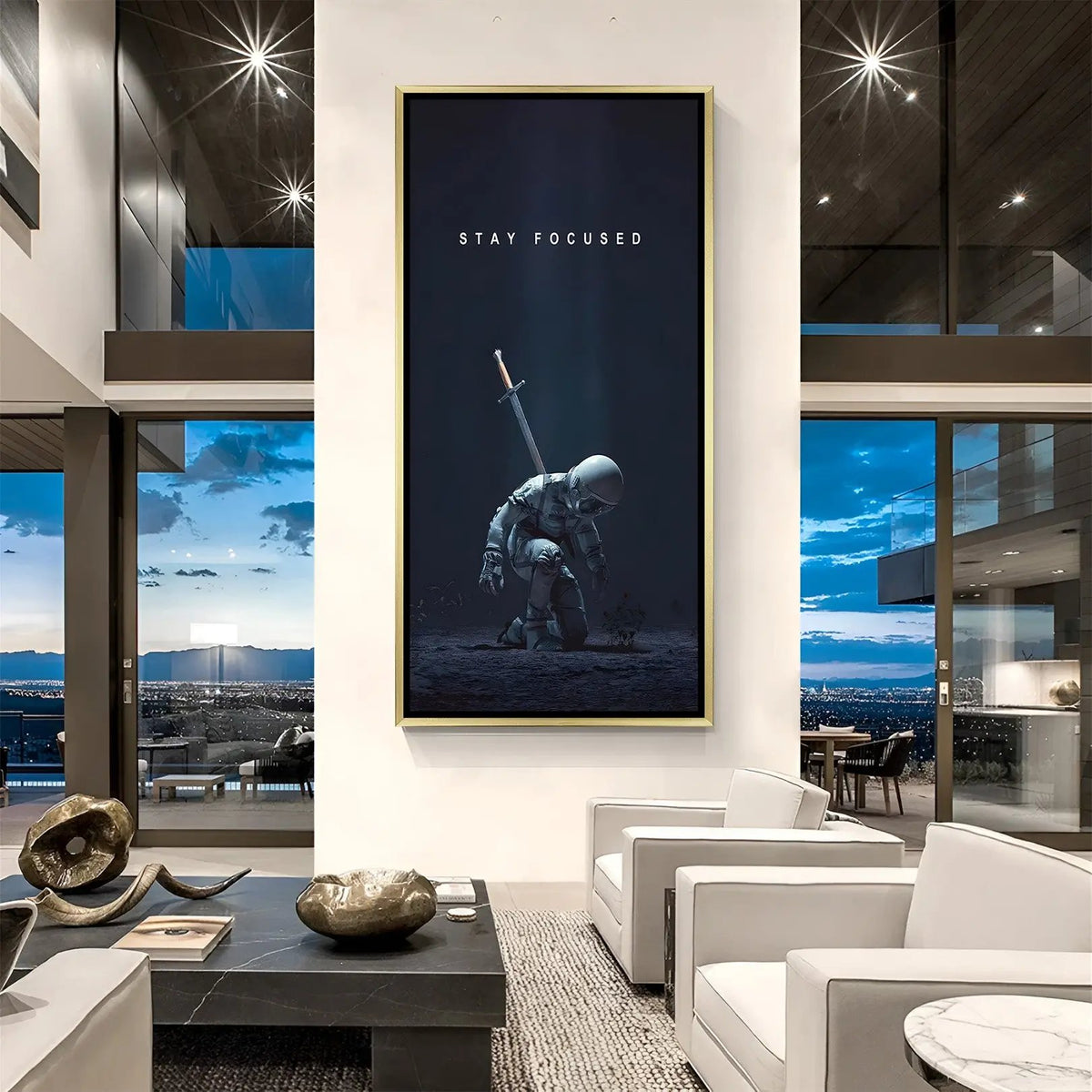 Luxury Stay Focused space canvas artwork in golden floater frame with cosmic inspirational galaxy theme