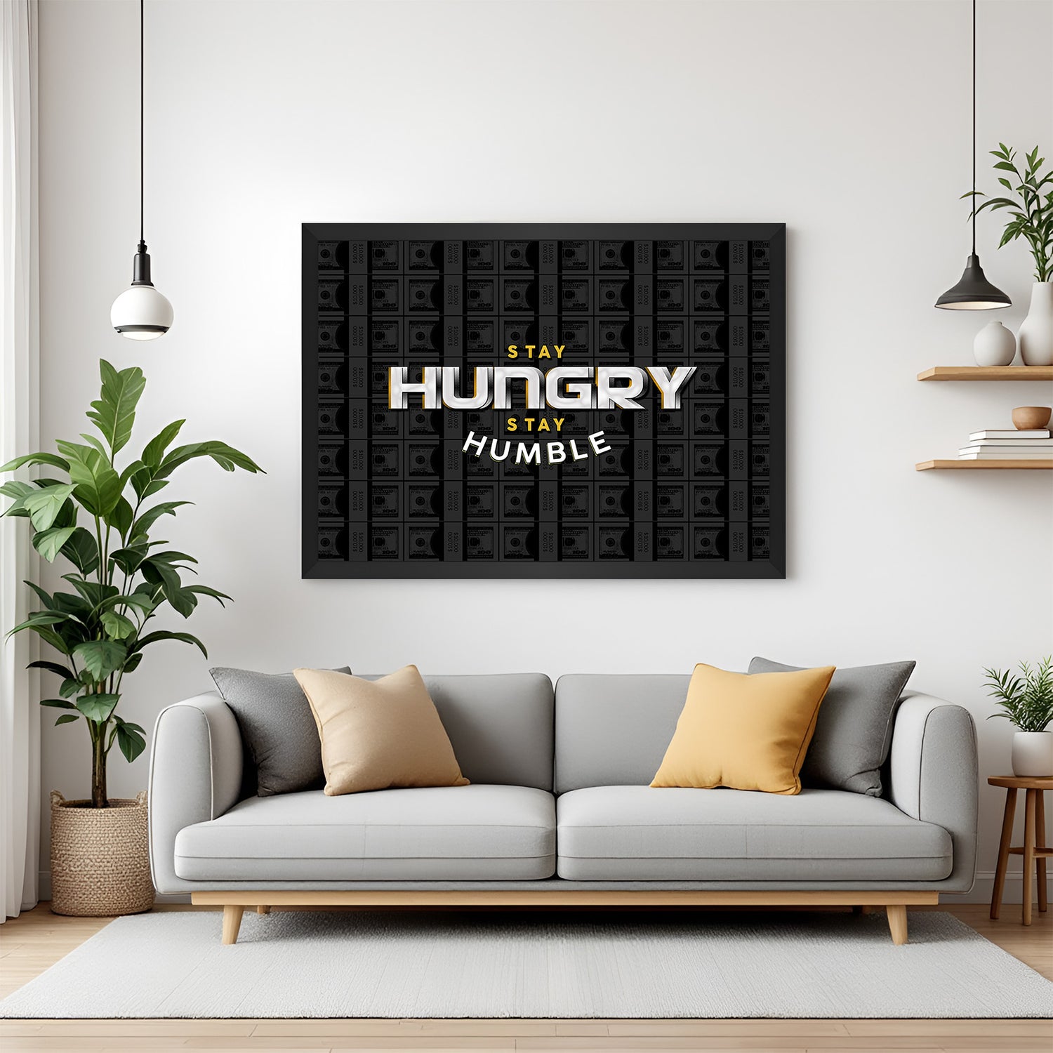 Stay hungry stay humble canvas painting in black floater frame with bold motivational message and sleek style for gym, workspace, or study room