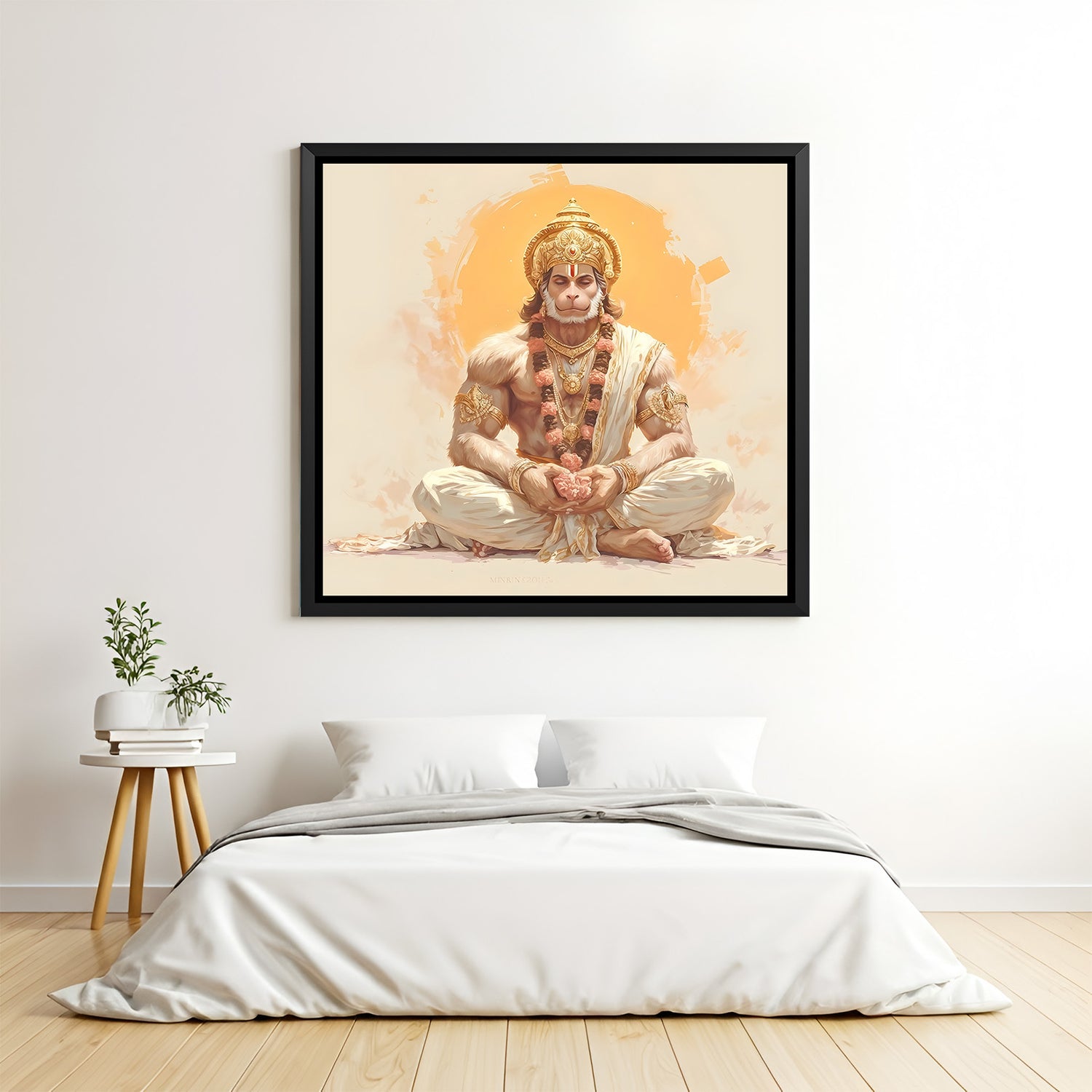 Meditating Hanuman wall artwork with serene devotional aura in elegant black floater frame