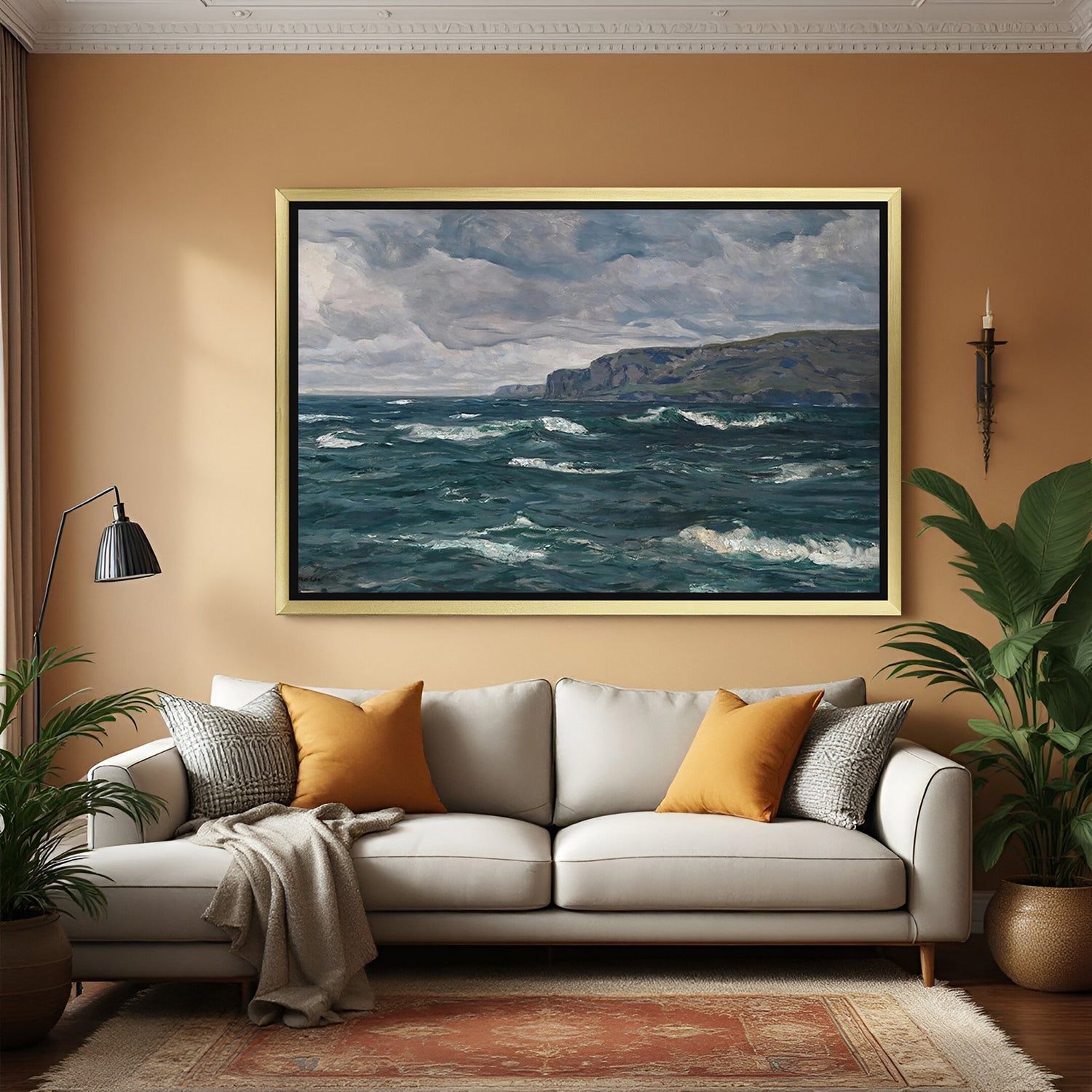 Golden-framed sea and hill landscape—vintage wall art with dark clouds and coastal charm