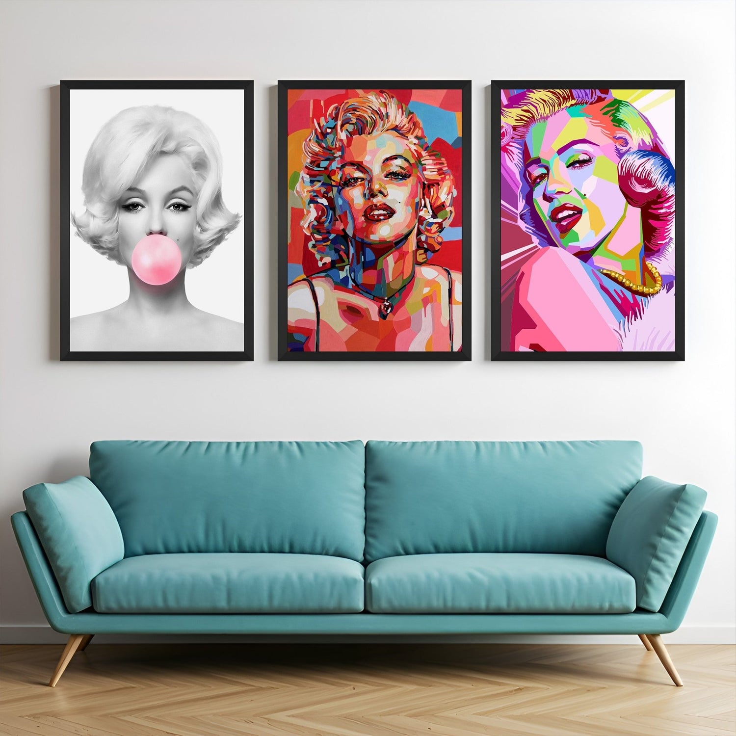 Wall display of a set of 3 altered art canvas prints showing stunning women in black & white and colorful painted styles – perfect for chic and modern decor settings