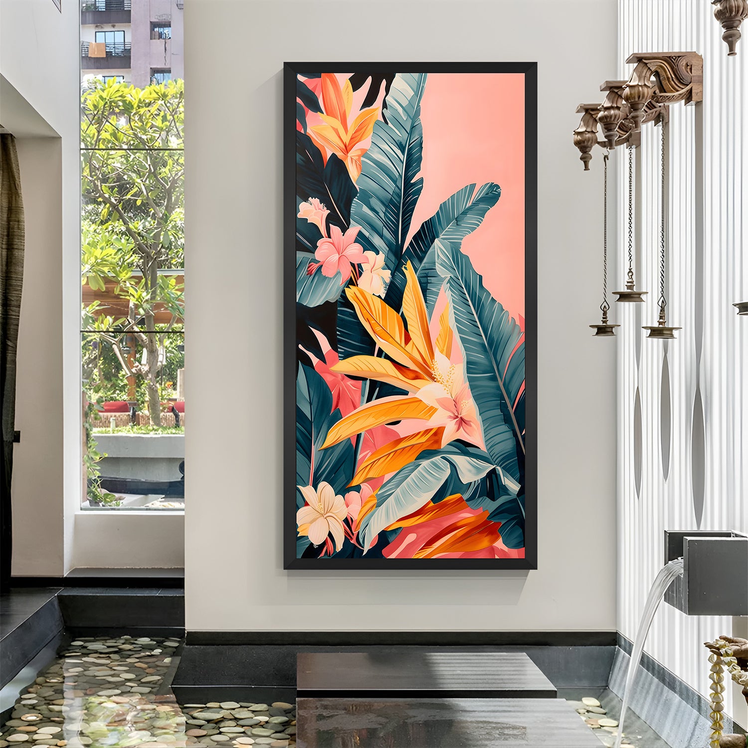 Framed canvas of softly painted florals and leaves with black floater frame for clean, elegant decor