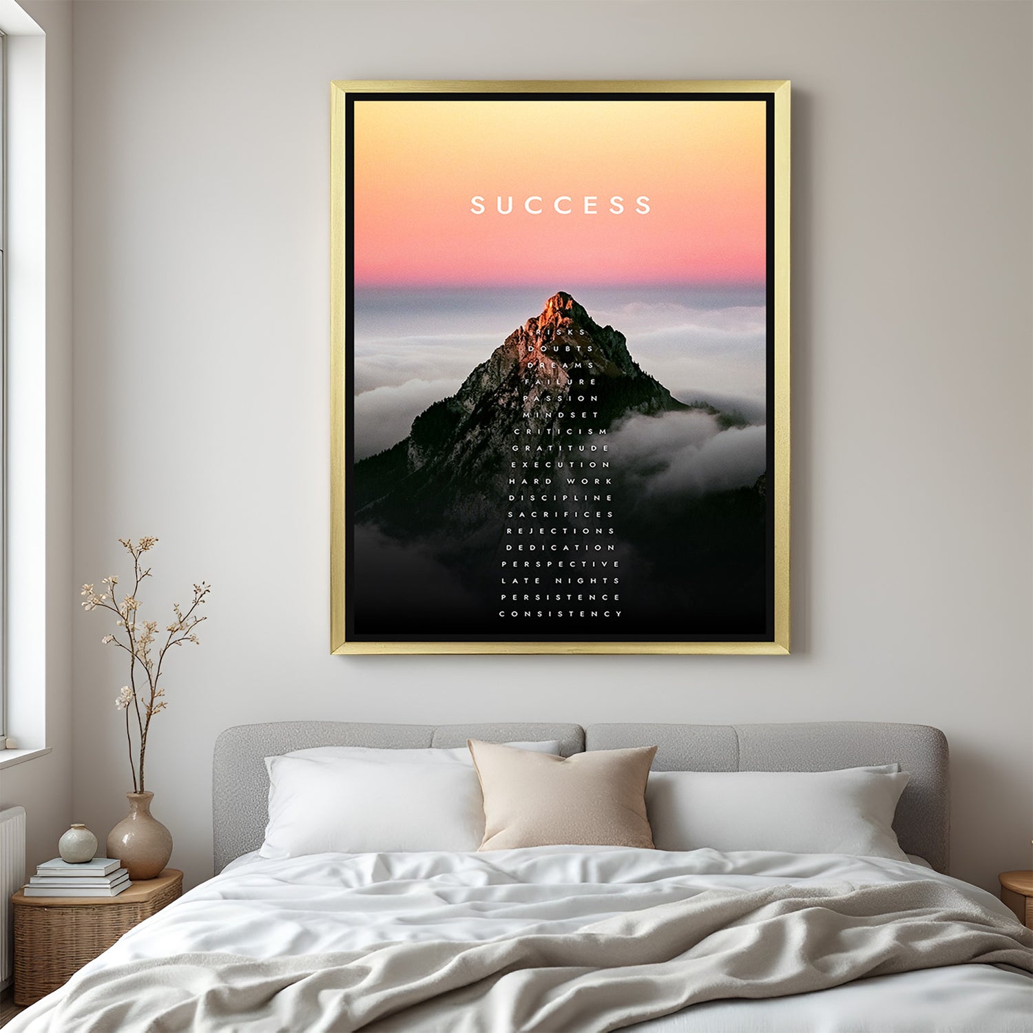 Success motivational canvas wall art with golden floater frame