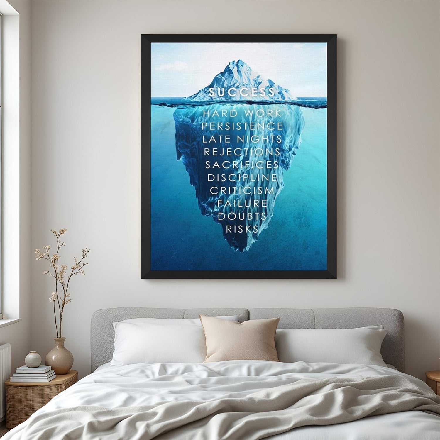 Black frame motivational canvas printed wall art with success iceberg design