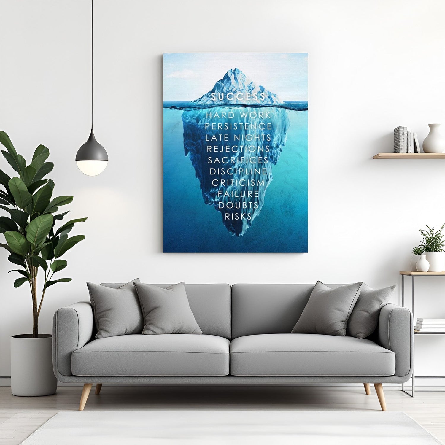 Motivational canvas printed wall art with iceberg showing success and hidden effort