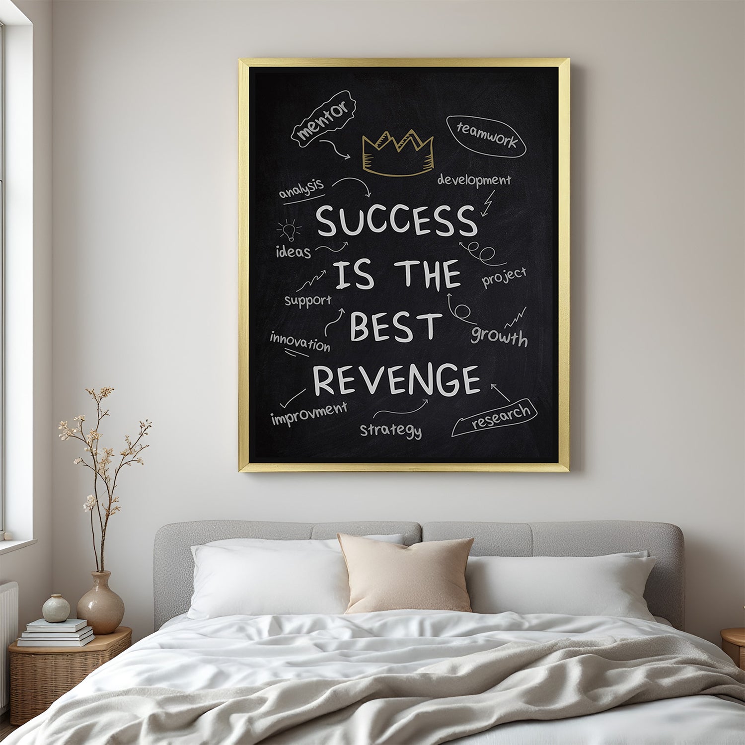 Success is the best revenge motivational canvas wall art with golden floater frame