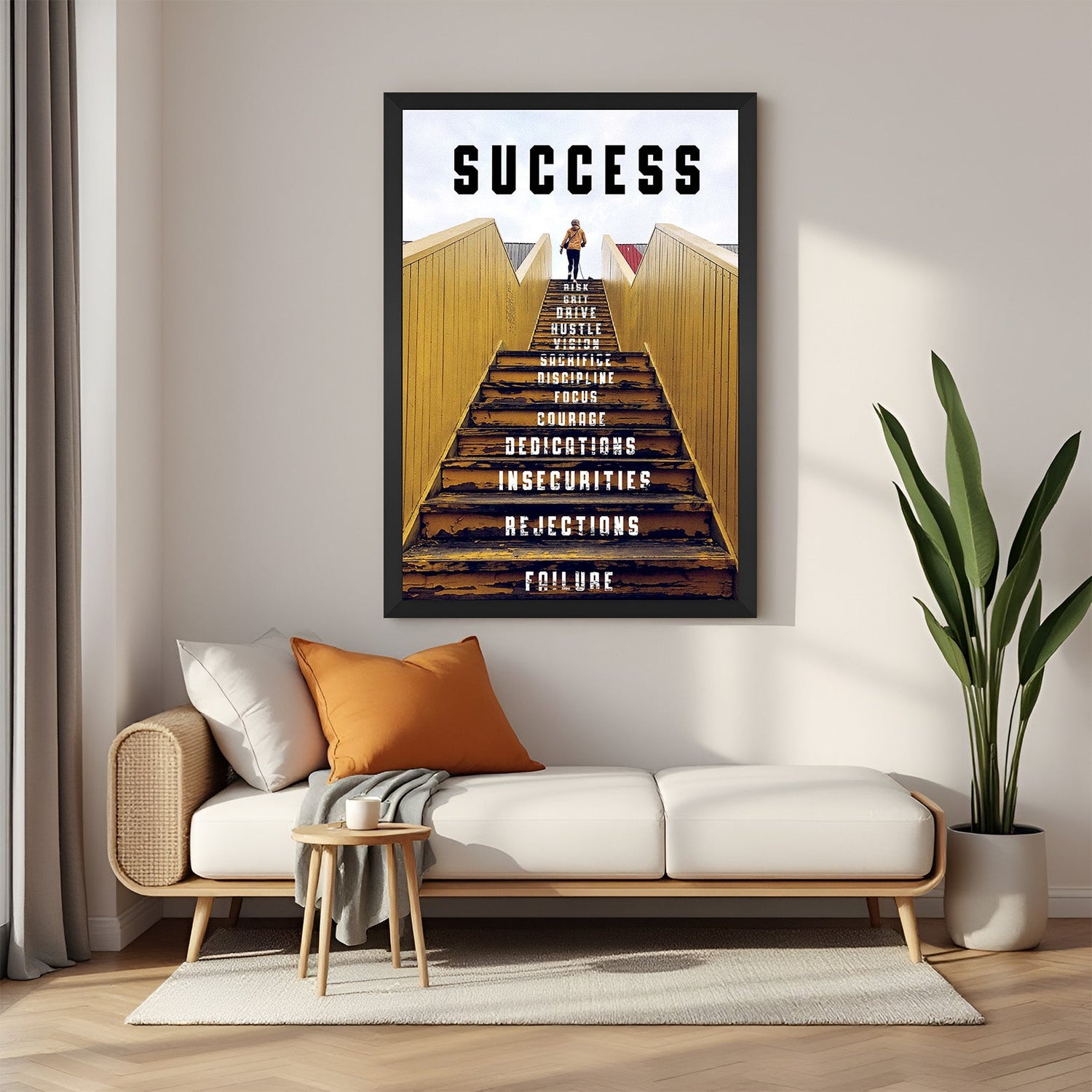 Black frame success stairs canvas wall art – overcome obstacles and rise