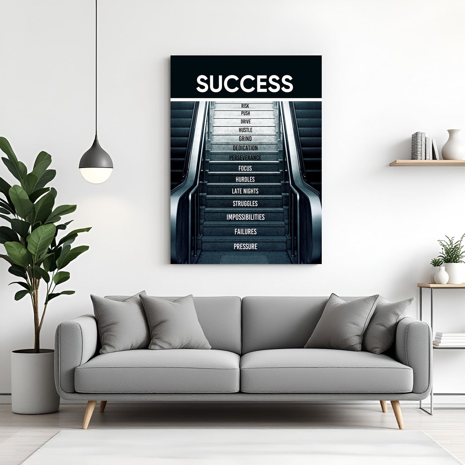 Motivational canvas wall art with stairs showing failure to success steps