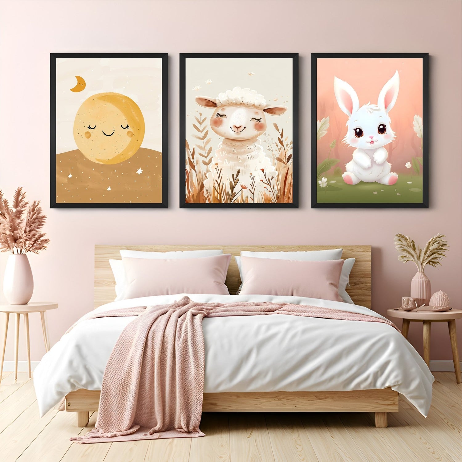 Set of 3 kids canvas prints featuring Sun and Moon on ground, a smiling sheep, and an adorable rabbit – perfect for soft, cute nursery decor
