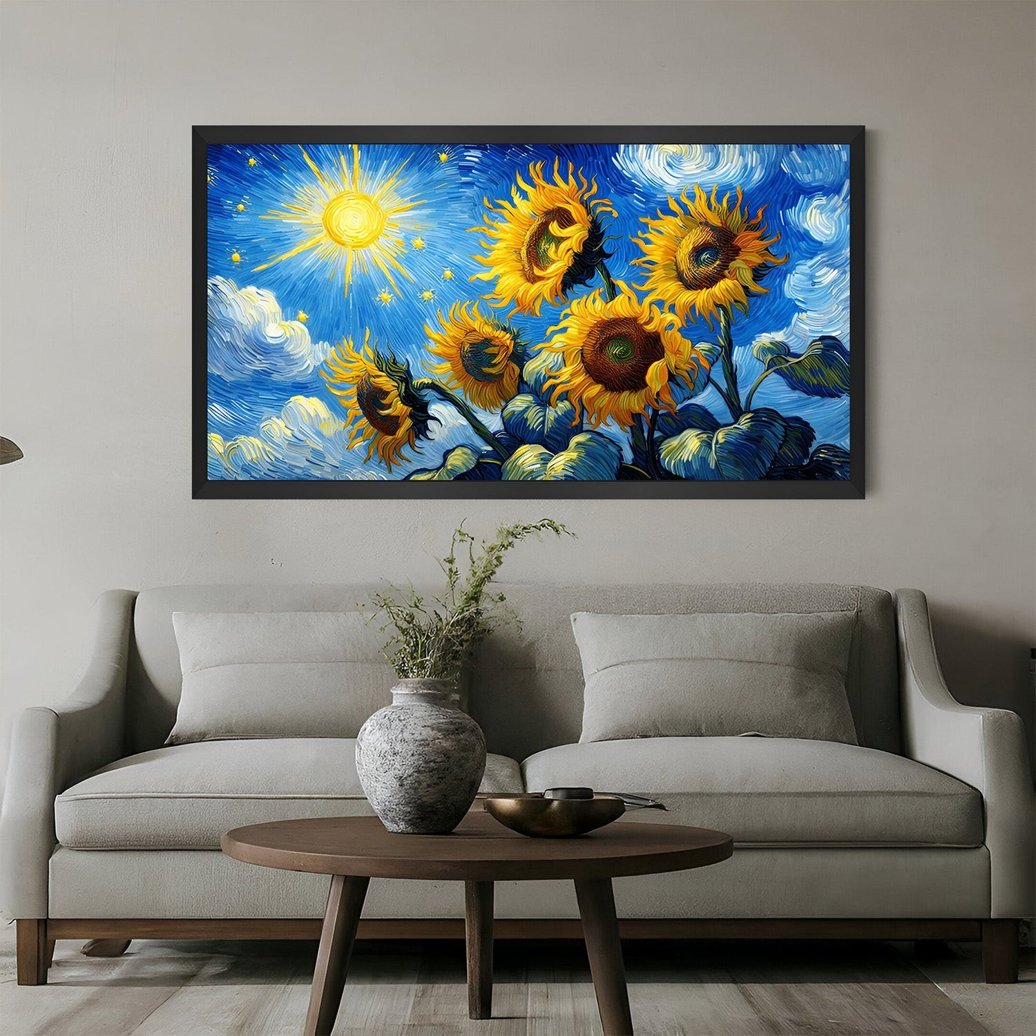 Framed canvas showing yellow sunflowers and a spiral-pattern sky, with a black floater frame for modern home or studio interiors