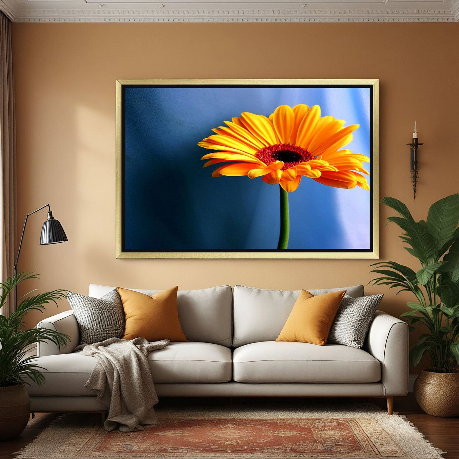 Golden-framed sunflower canvas with vibrant yellow petals and a soft blue backdrop, perfect for elegant, nature-inspired wall decor