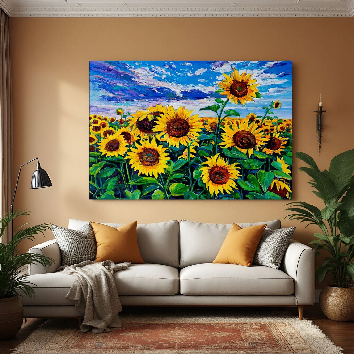Canvas print of a vibrant sunflower field under open sky, perfect for floral and nature-inspired decor