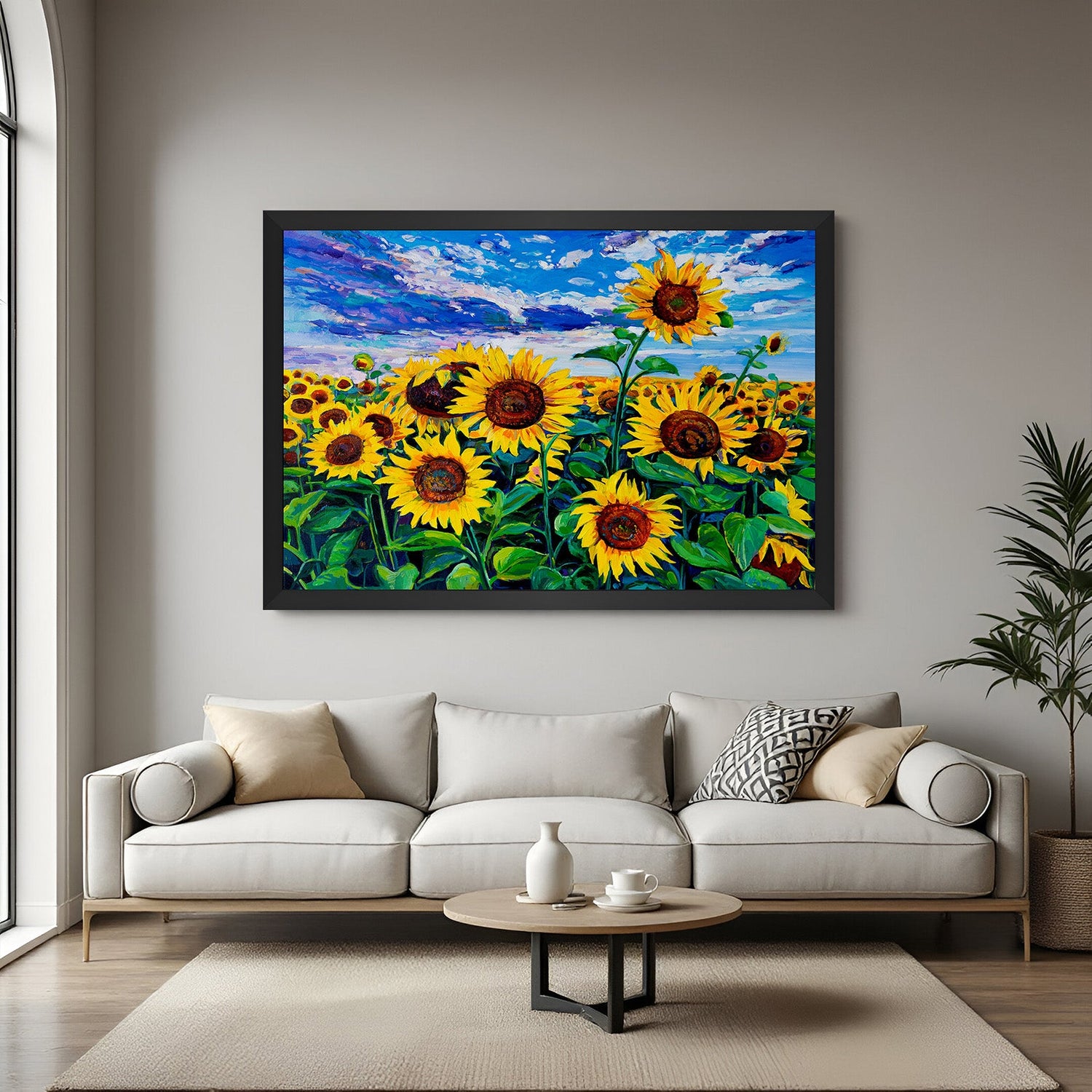 Framed canvas wall art showing sunflower fields in bloom with black floater frame for modern homes