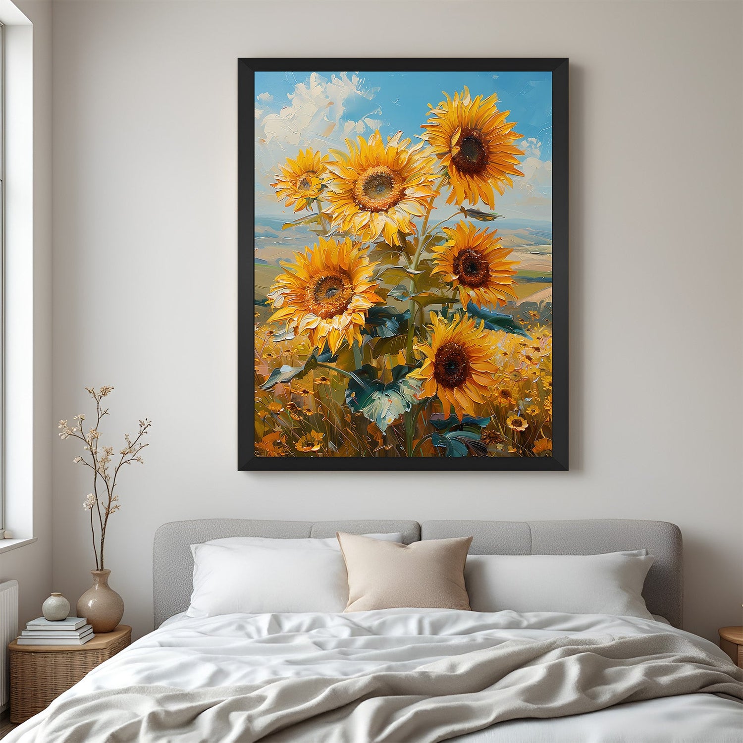 Framed sunflower canvas in black floater frame, ideal for modern floral wall art setup