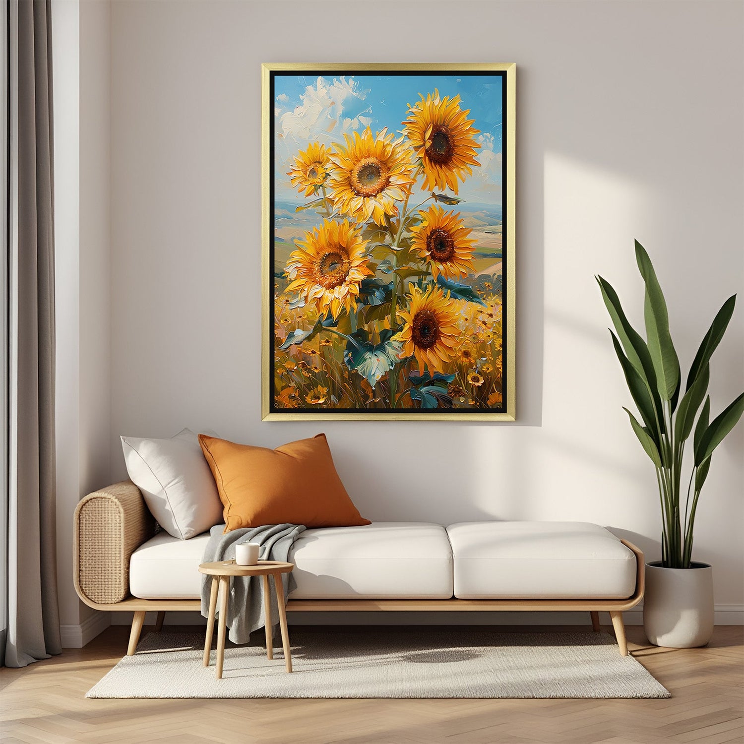 Golden-framed canvas painting of vibrant sunflowers, adding warmth and elegance to home walls