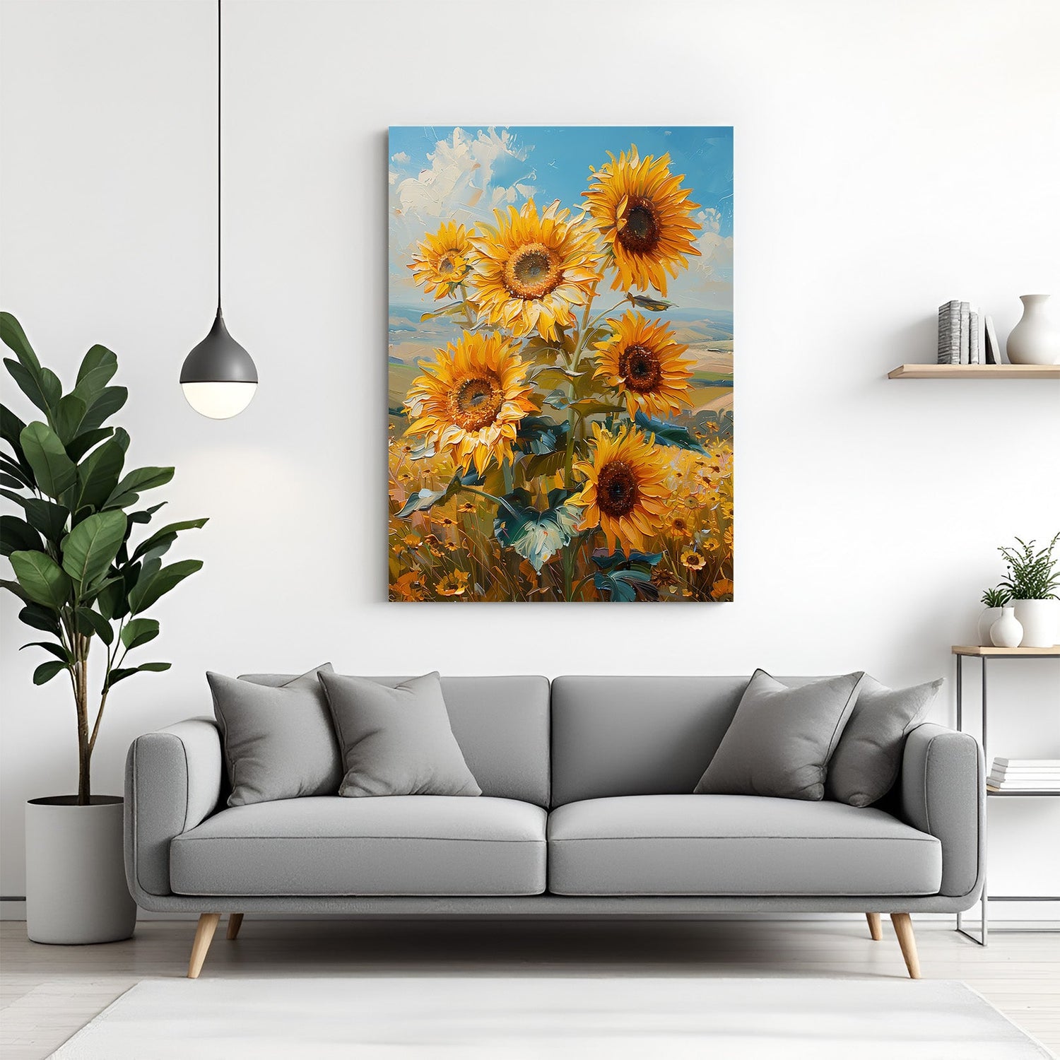 Canvas wall art of bright yellow sunflowers, perfect for cheerful and floral-themed home decor