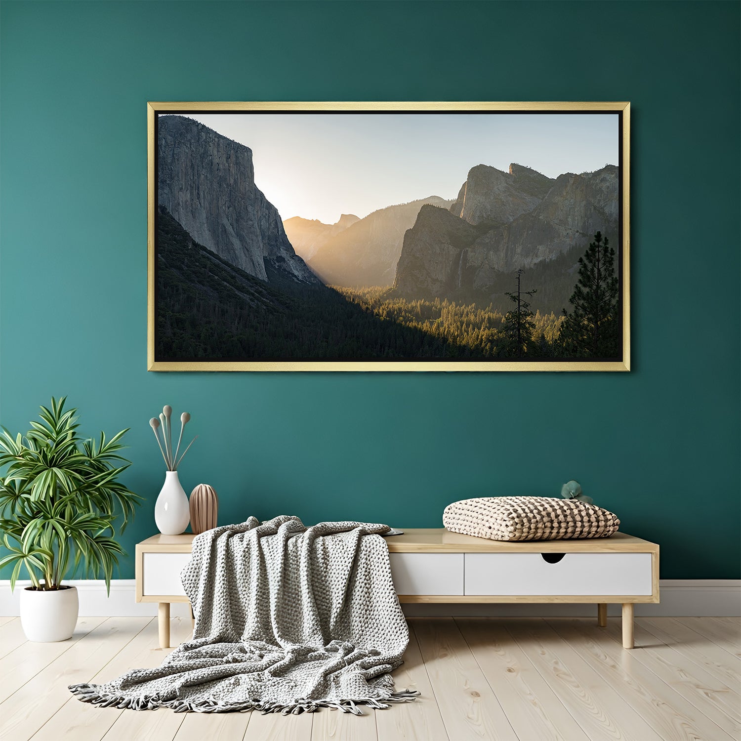 Canvas wall art of sunrise light on hillside landscape, displayed in a golden floater frame for warm and serene nature-inspired home decor