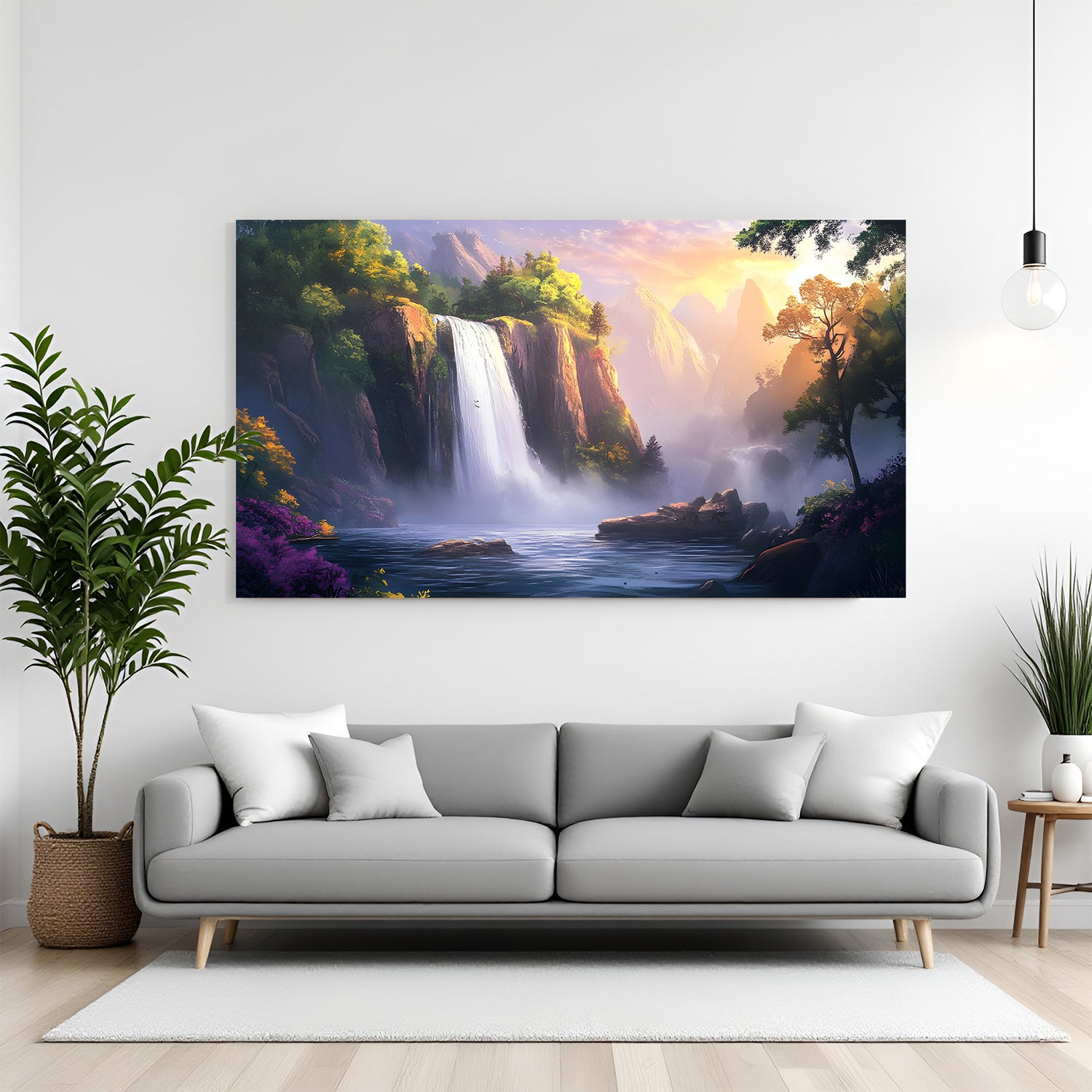 Sunset mountain waterfall canvas wall art with river and scenic landscape