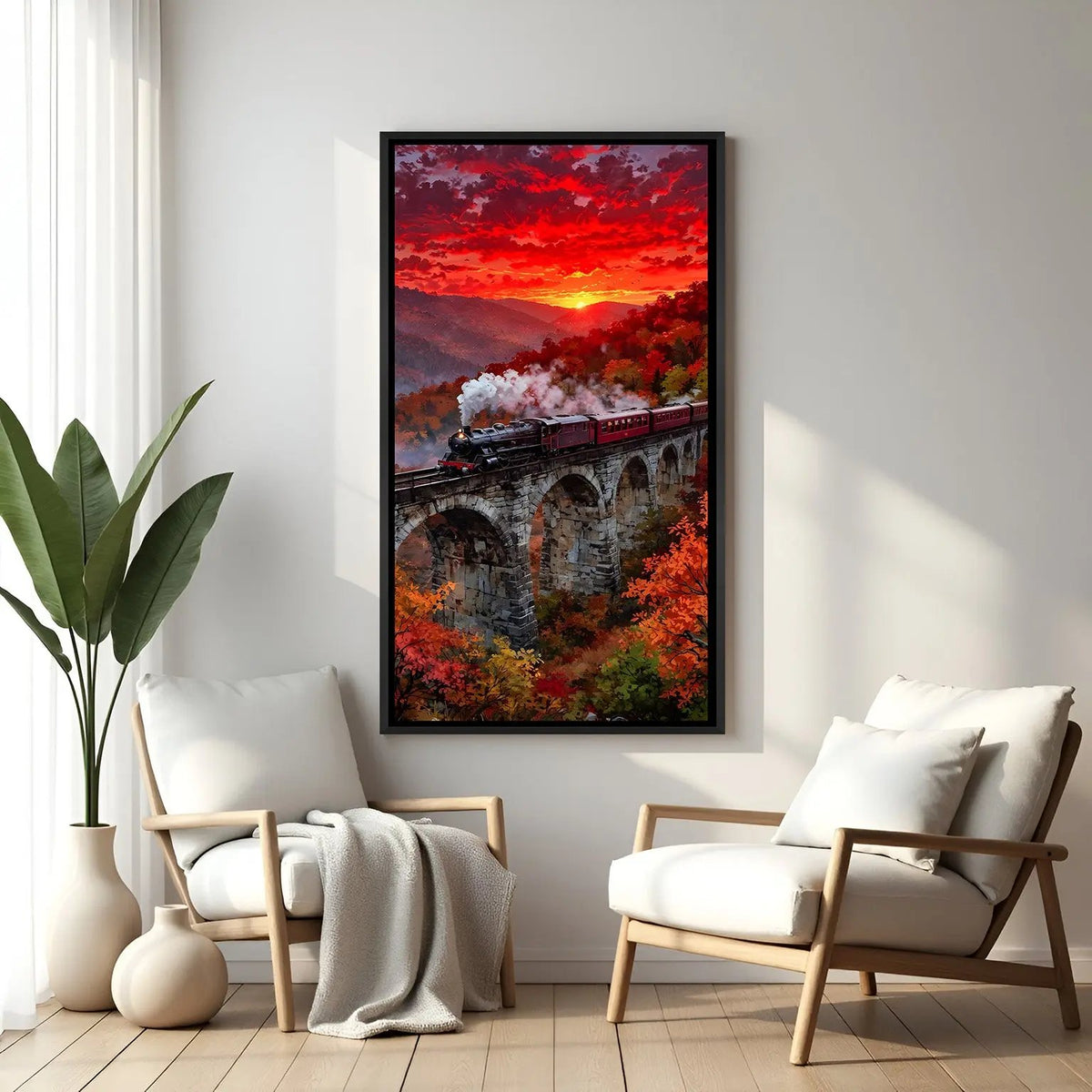 Train on bridge sunset artwork in elegant black floater frame with scenic landscape and glowing sky