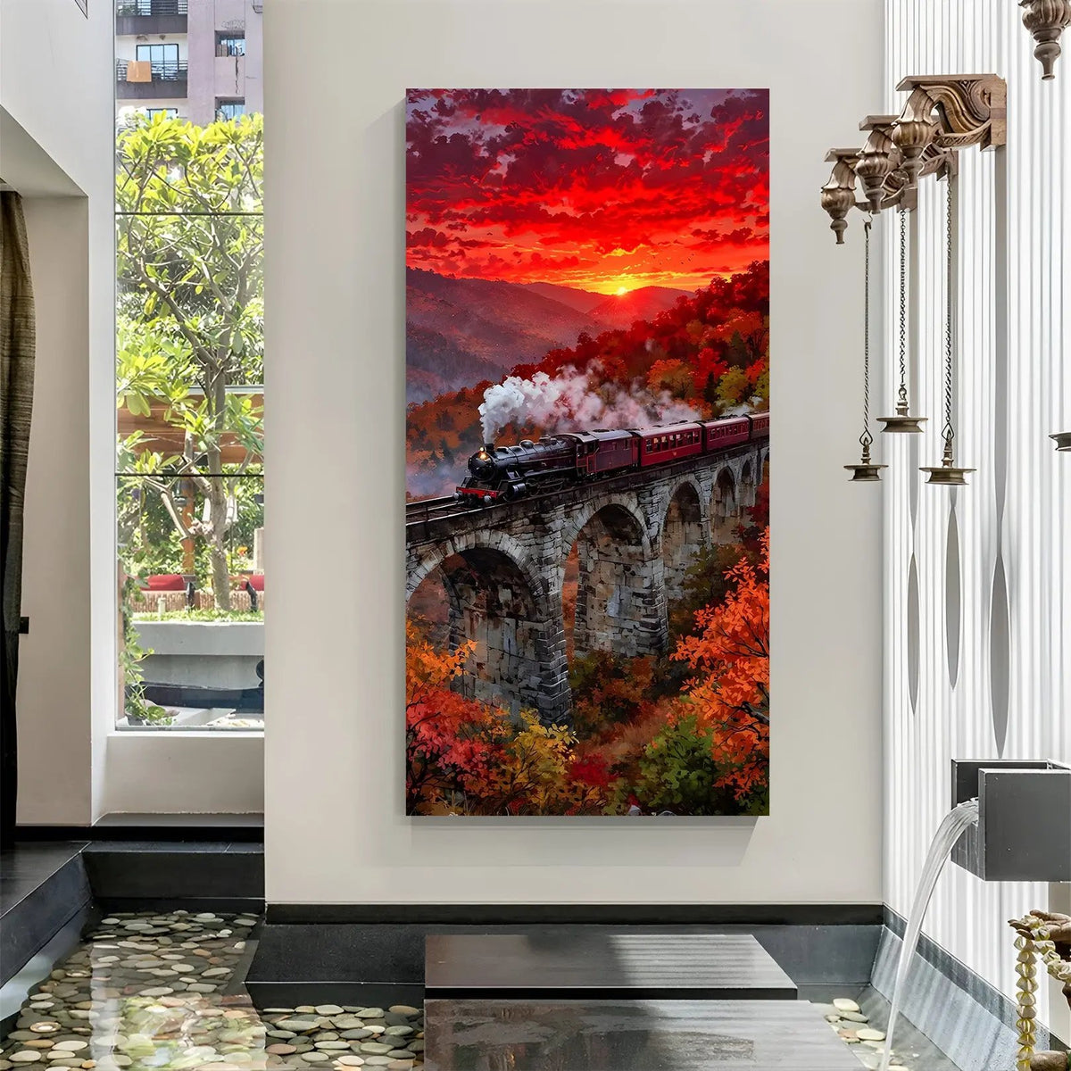 Sunset Railway Horizon canvas wall decor featuring a train crossing a bridge during a beautiful sunset in premium canvas wrapped frame