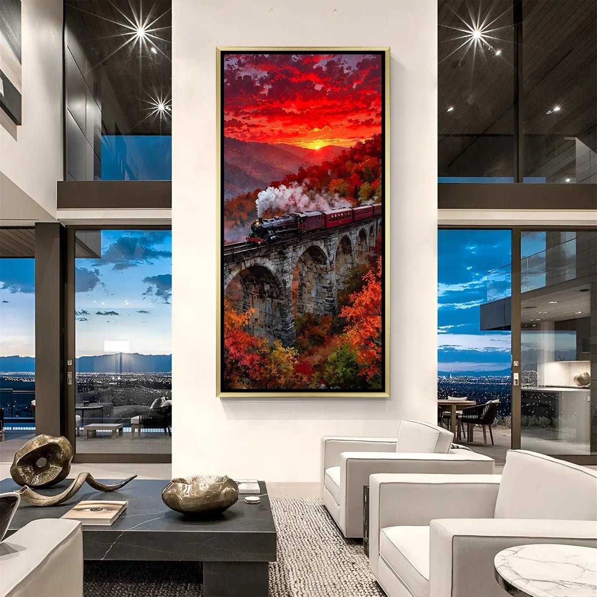 Sunset Railway Horizon wall decor in luxury golden floater frame showcasing a train journey through a stunning sunset landscape