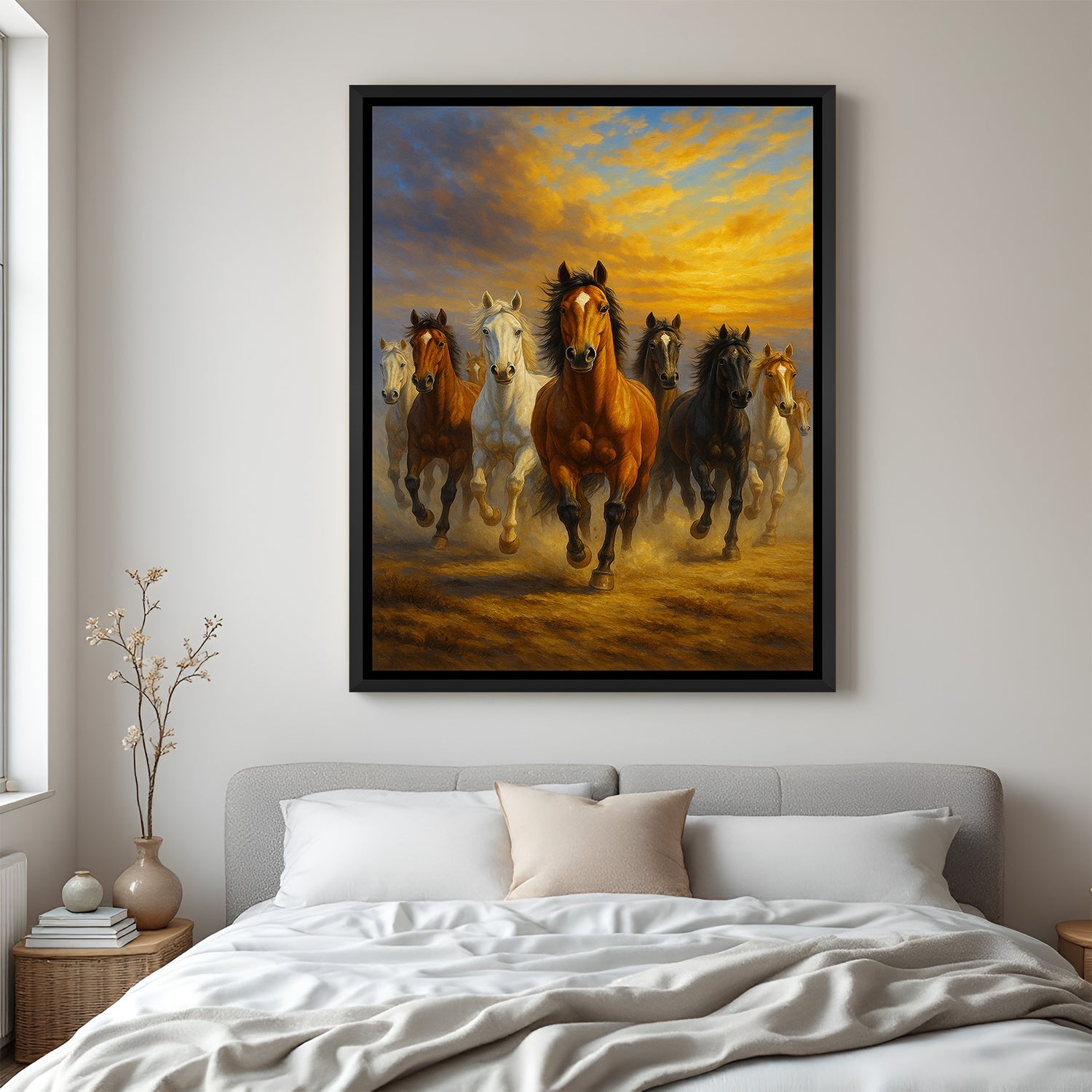 Seven running horses wall painting in sleek black floater frame under golden sunset for vastu home decor