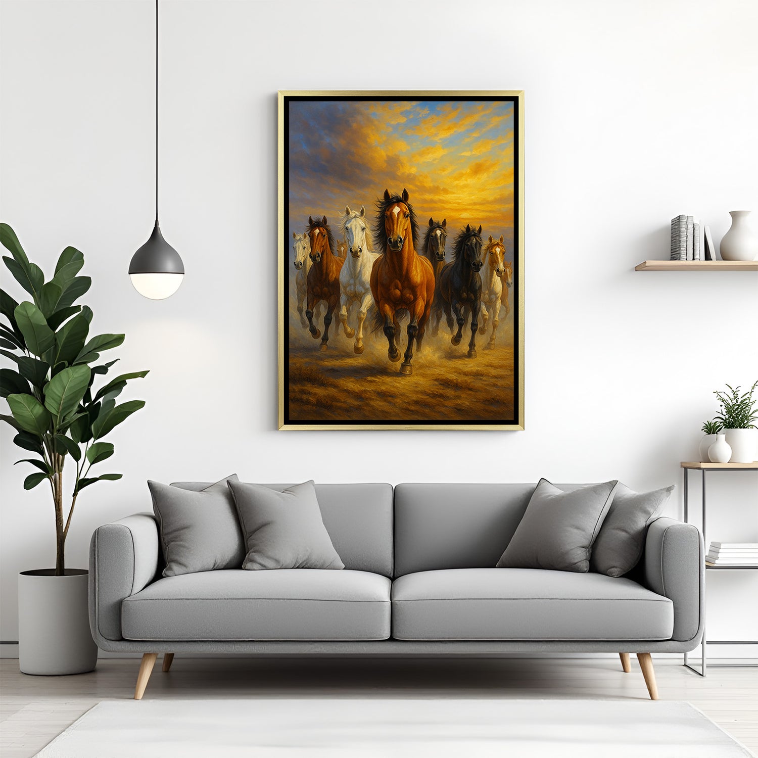 Sunset seven running horses canvas wall art in golden floater frame showcasing luxury vastu wall decor