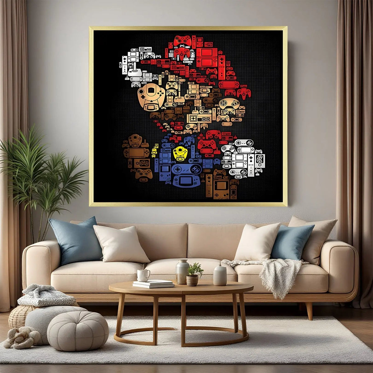 Super Mario Power-Up Adventure artwork in luxury golden floater frame featuring colorful gaming adventure design