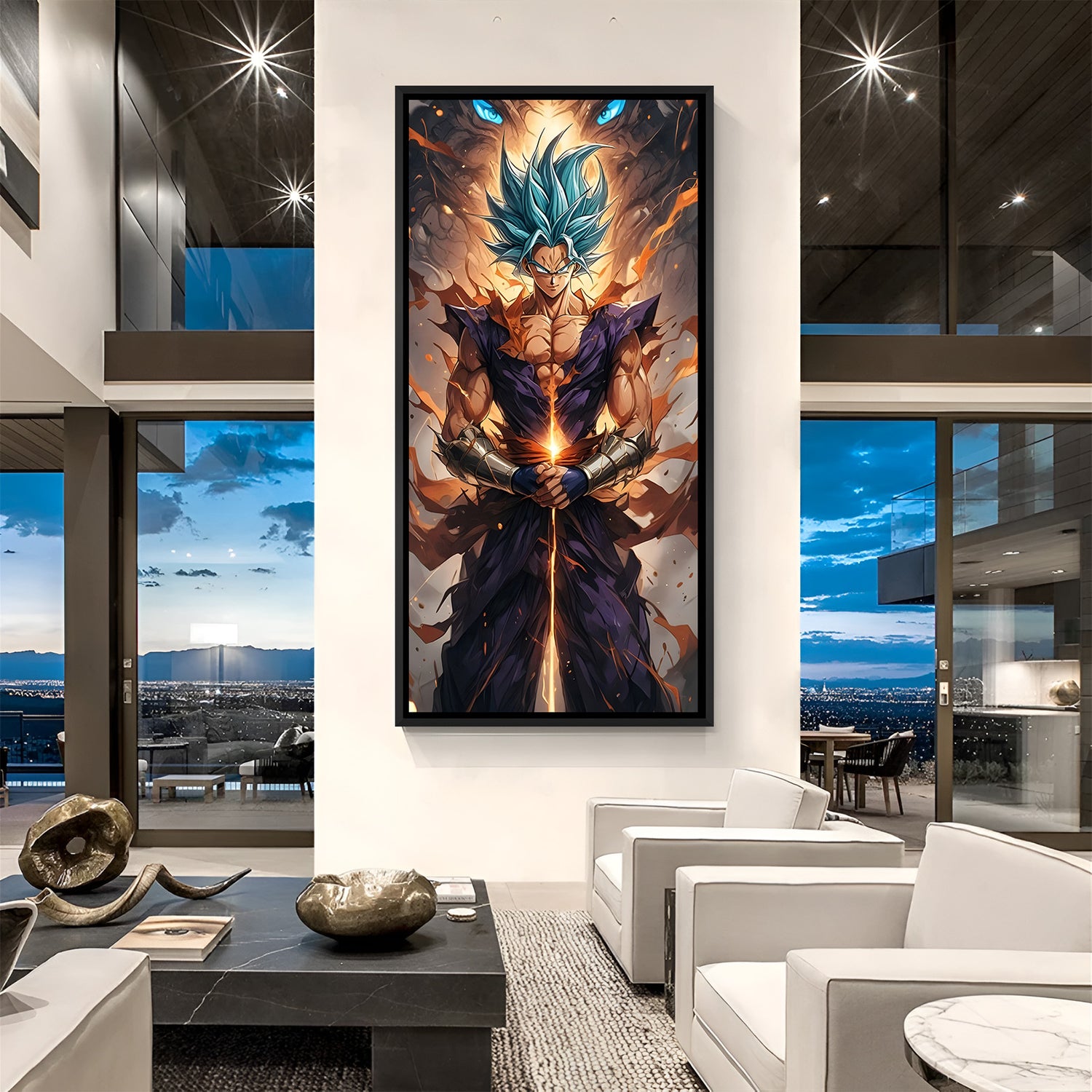 Super Saiyan Blue Goku sword anime canvas artwork in premium black floater frame