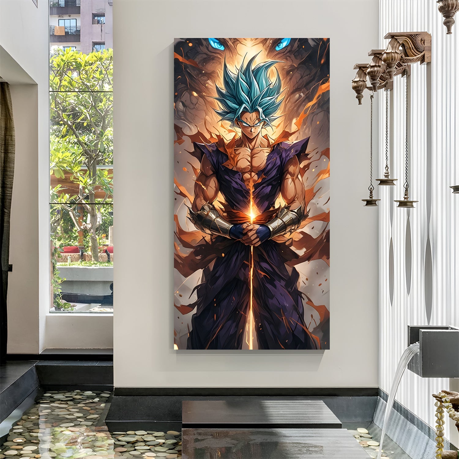 Super Saiyan Blue Goku sword canvas painting with anime battle artwork in canvas wrapped frame