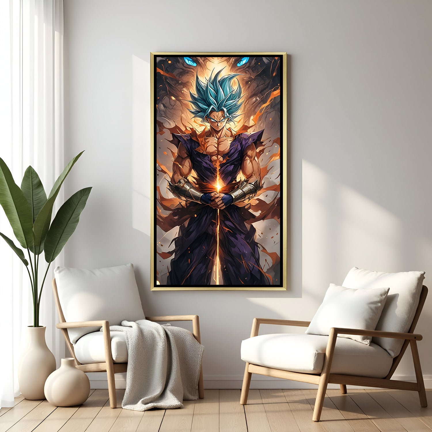 Super Saiyan Blue Goku Dragon Ball wall art in luxury golden floater frame with anime sword design